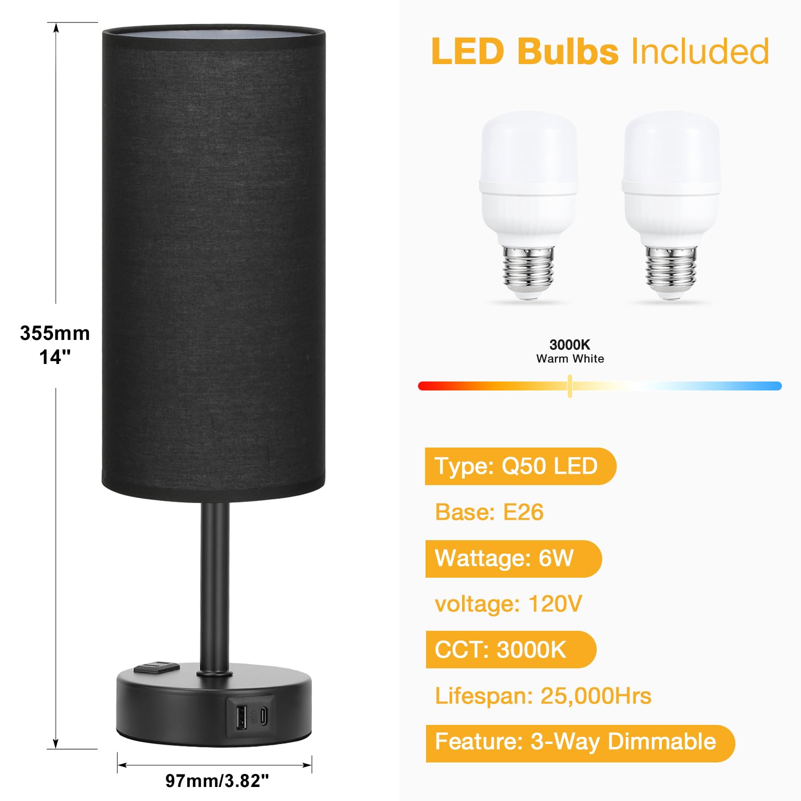 Black Touch Table Lamps Set - 3 Way Dimmable Bedroom Bedside Lamps Set Of 2 With Usb C And A Ports, Small Lamps For Nightstand W