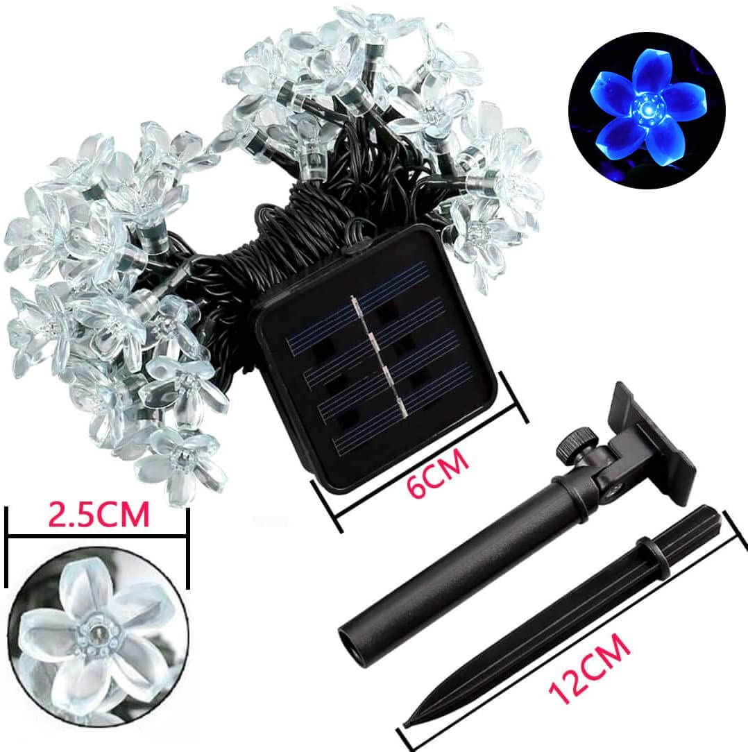SEMILITS Solar Powered String Lights - 50 LED Flower Shaped Fairy Lights for Garden Decoration - Blue