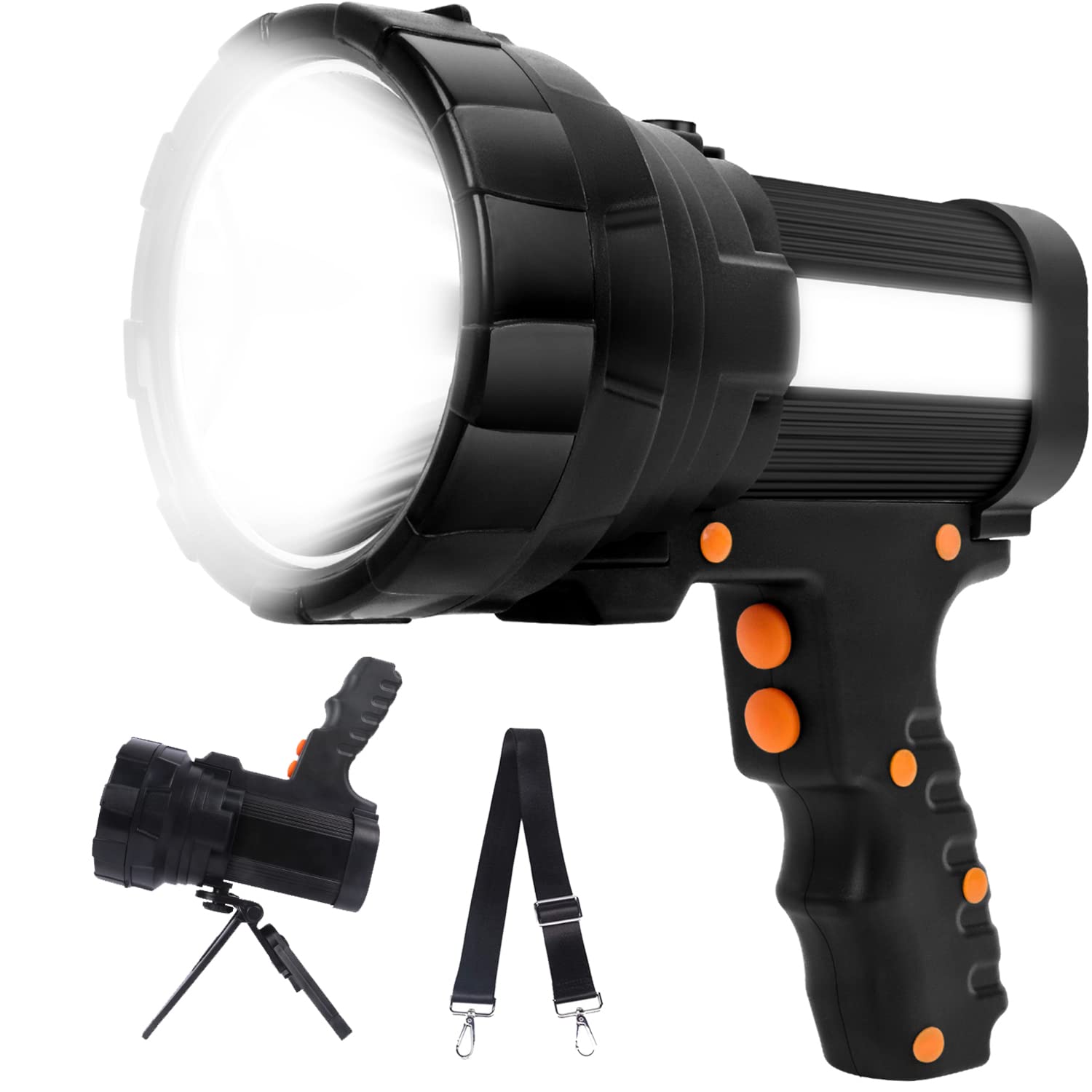 Cybbo Rechargeable Spotlight - 6000 Lumen, Waterproof, Durable ABS & Aluminum, Adjustable Tripod, Black, Model C01