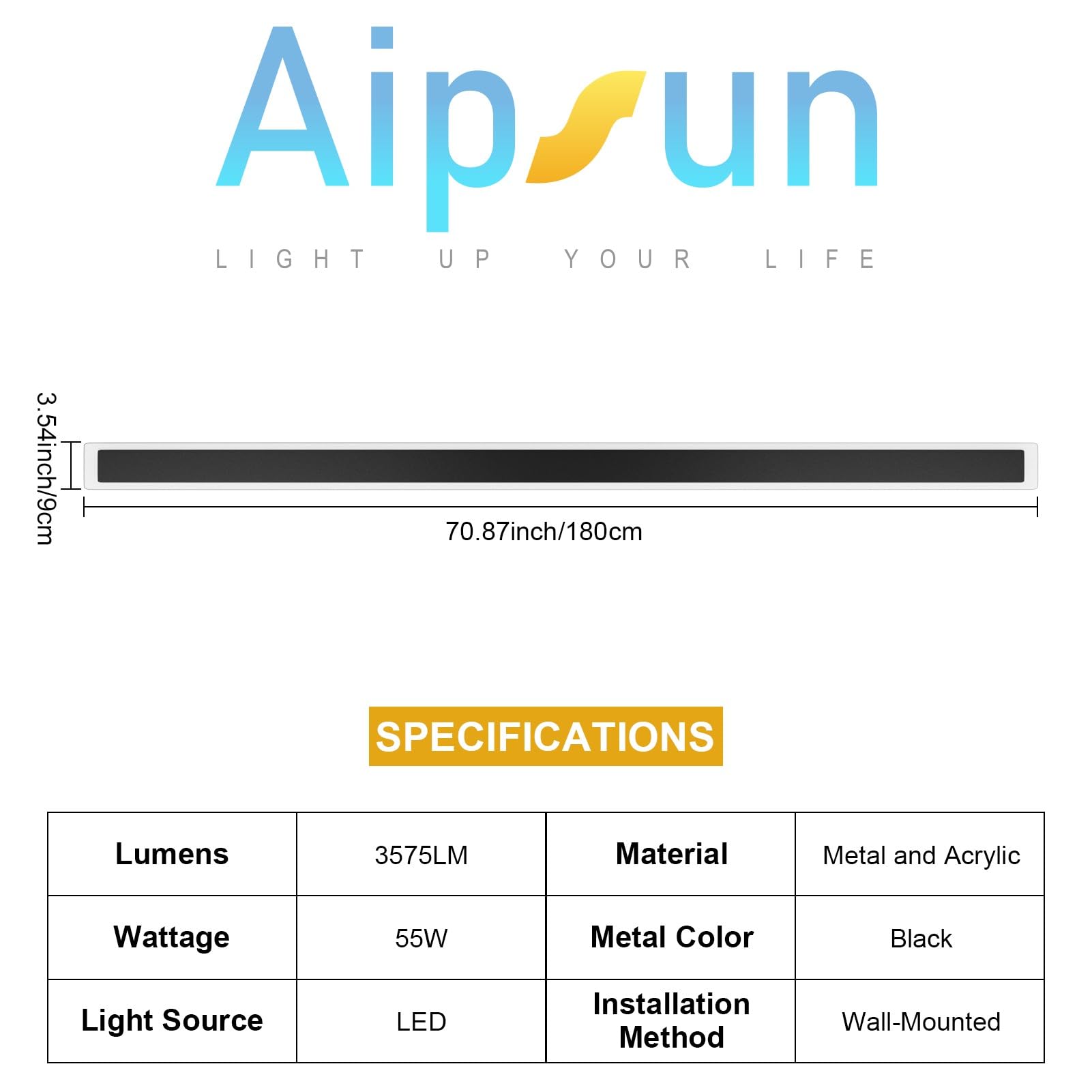 Aipsun 71" Black Porch Wall Light Sconce, Modern Outdoor Fixture, Model HW603, 55W, 3000K for Living Room and Corridor