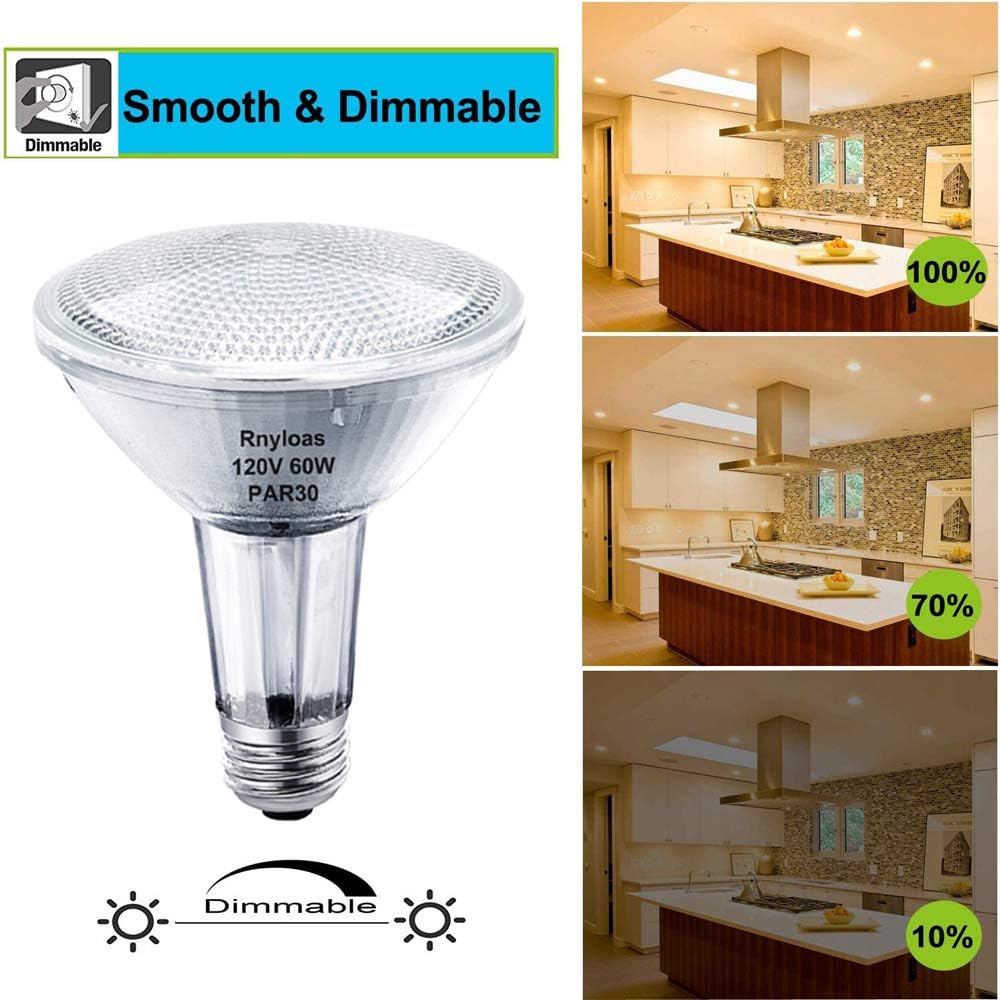 Rnyloas Par30 Long Neck, 6Pcs Par30 60W 120V Flood Dimmable, Par30 Halogen Bulb Long Lasting Lifetime With E26 Medium Base, Par3