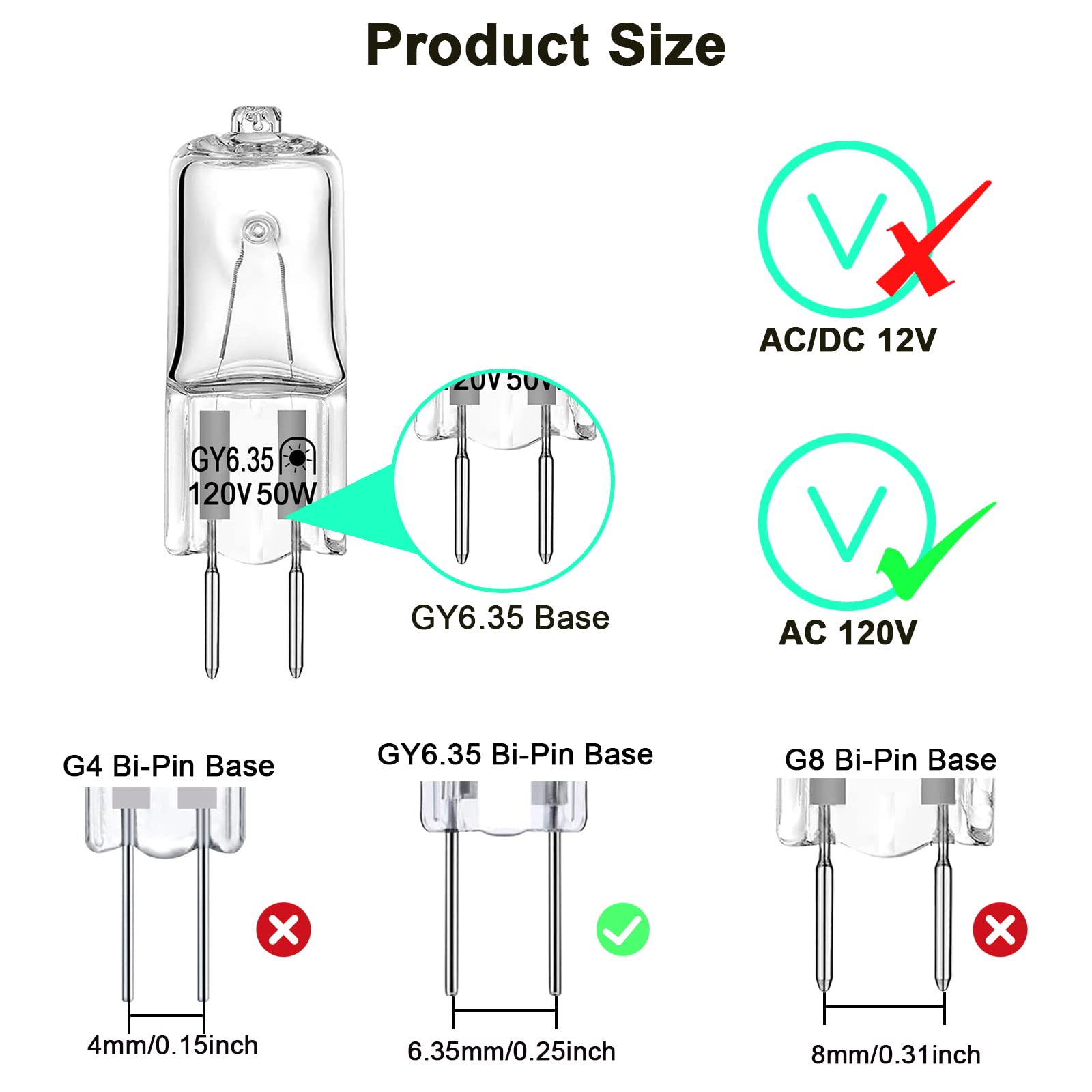 DUMILOO GY6.35 Halogen Bulbs, 120V 50W, Dimmable 2700K Warm White, 10 Count, Glass, JC Bi-Pin
