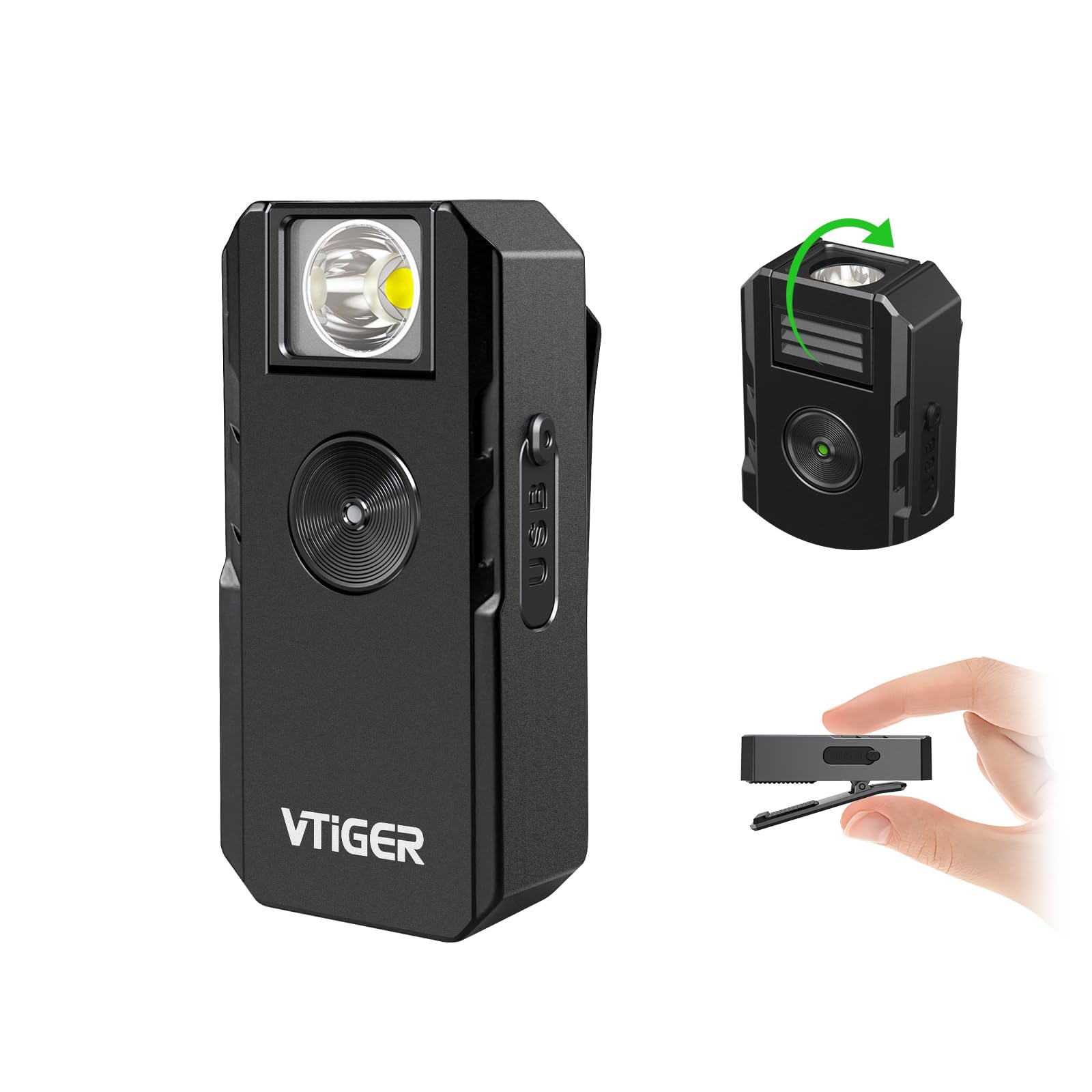 VTIGER C1 Rechargeable EDC Flashlight Clip-on Light, 1300 Lumens Powerful Portable Mini Swivel Clip Light,Multi-Mode,IPX6 Waterp