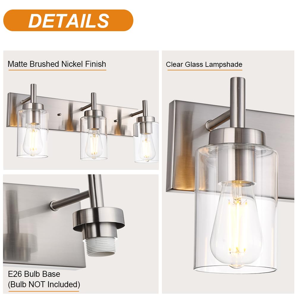 Vinluz Vanity Bathroom Light Fixture Brushed Nickel 3 Lights Modern Wall Sconce Lighting With Clear Glass Shade Vintage Rustic P