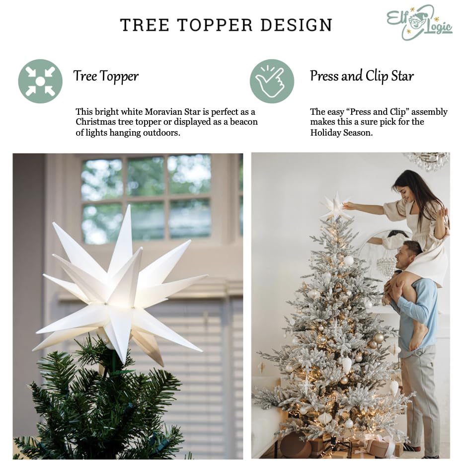 Elf Logic 18" White LED Moravian Star - Easy Assembly Outdoor Christmas Light with Battery Timer, Metal Holiday Decoration