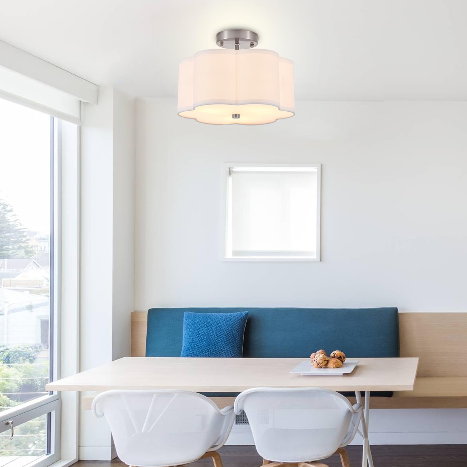 Widluth Modern Drum Semi Flush Mount Ceiling Light Fixture Modern 3-Lights Linen Drum Ceiling Lighting With Chrome Finish, Vintage Modern Ceiling Light For Laundry Room, Kitchen, Basement, Bedroom