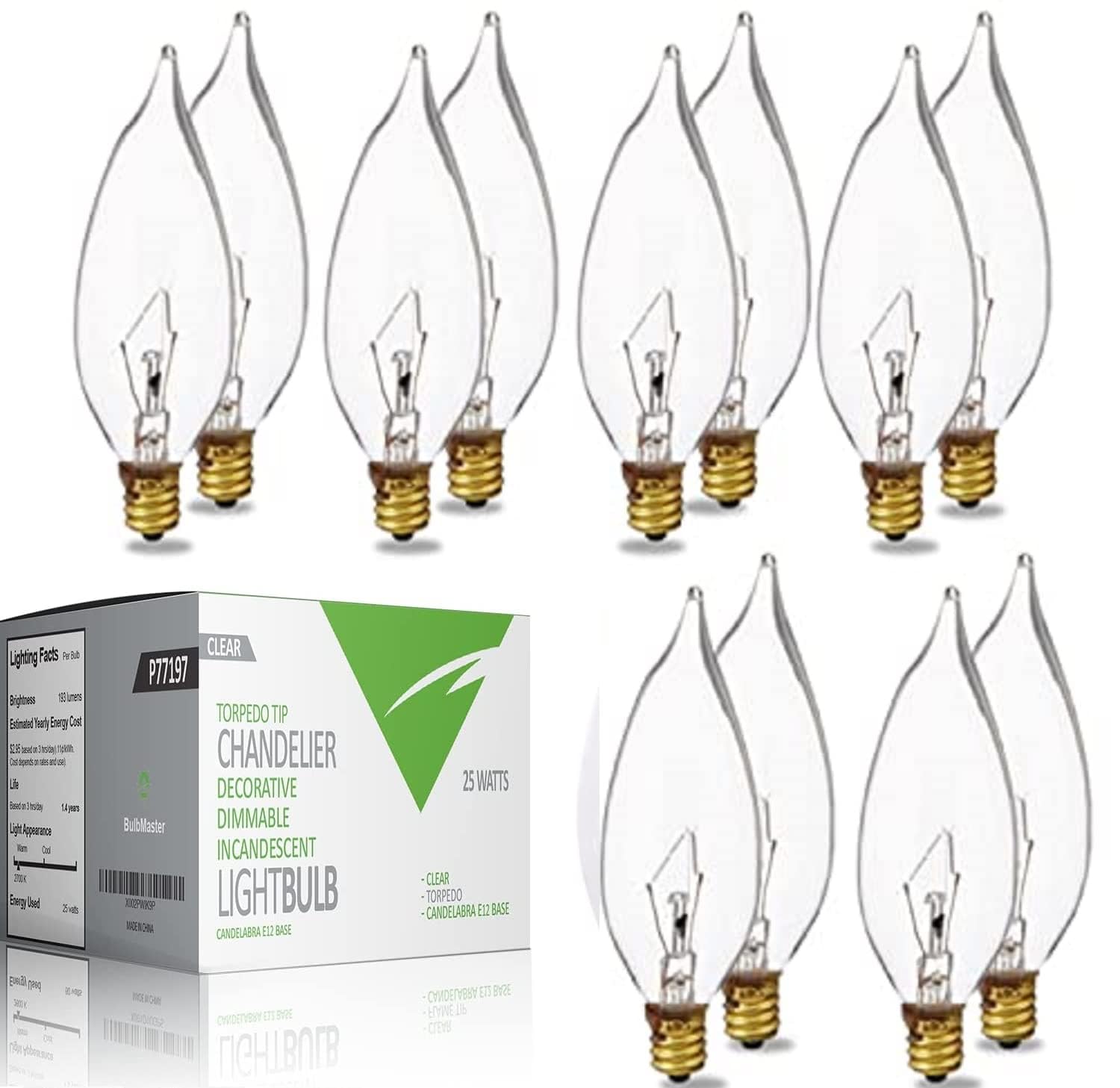 Bulbmaster 25 Watts Bent Tip Decorative Light Bulbs Soft White E12 Candelabra Light Bulb Base, 120V 25Cfc Flame Shaped Dimmable 
