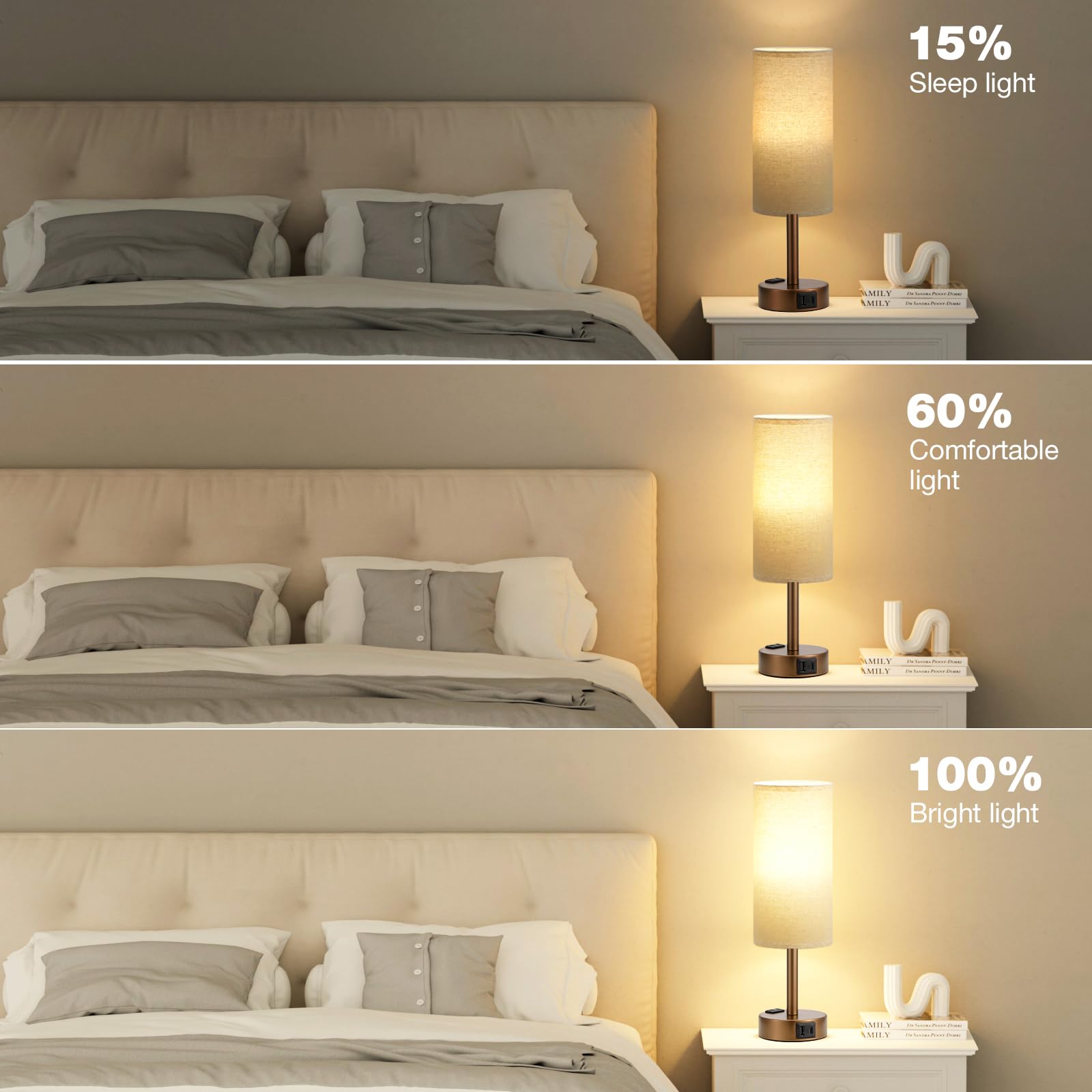 Fenmzee Brown Bedside Table Lamp For Bedroom - 3 Way Dimmable Touch Lamp Usb C Charging Ports And Ac Outlet, Small Lamp Round Fl