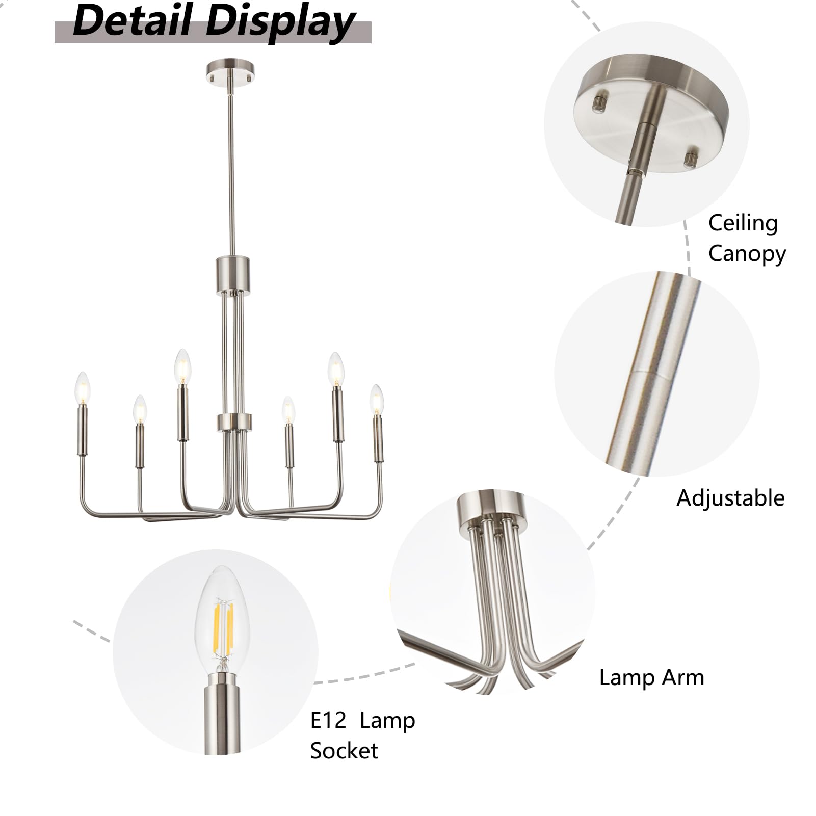 Brushed Nickel Chandelier, 6 Lights Farmhouse Dining Room Light Fixture, Chrome Metal Candle Chandelier, 28 Inch Pendant Ceiling