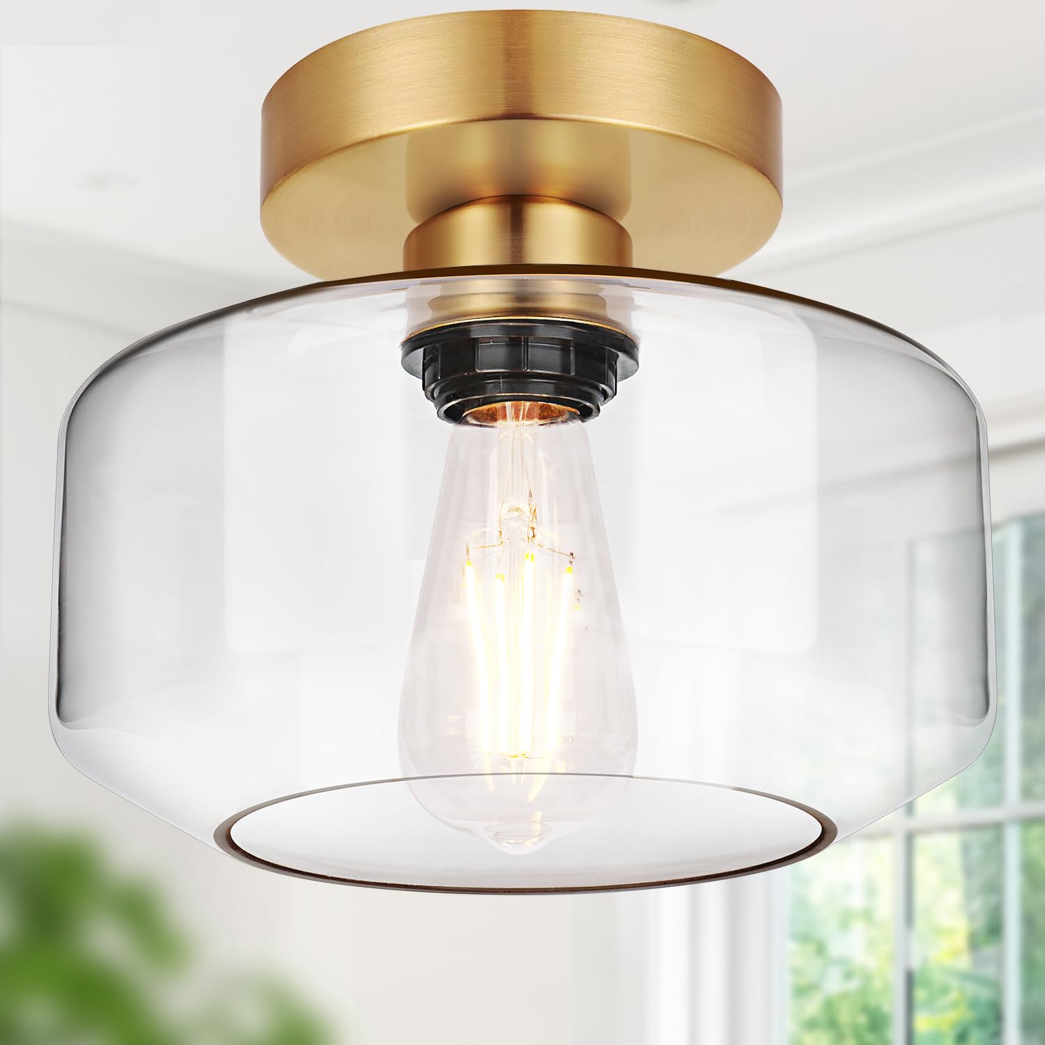 Lynnoland Industrial Semi Flush Mount Ceiling Light, 800 Lumen LED, Brushed Gold, Clear Glass Shade, Model N1900CL03
