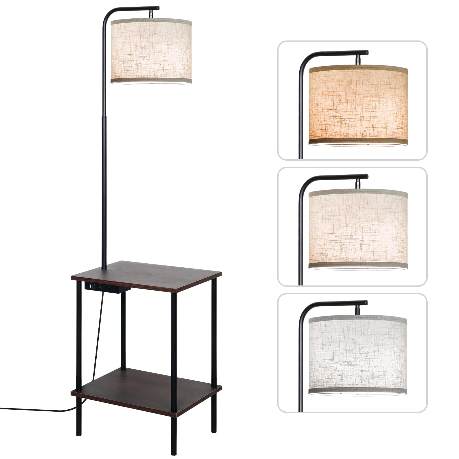 Eoeyyoyb Floor Lamp With Table, End Table Lamp With Usb Charging Port Power Outlet And Shelves, Side Table Reading Light With 3 