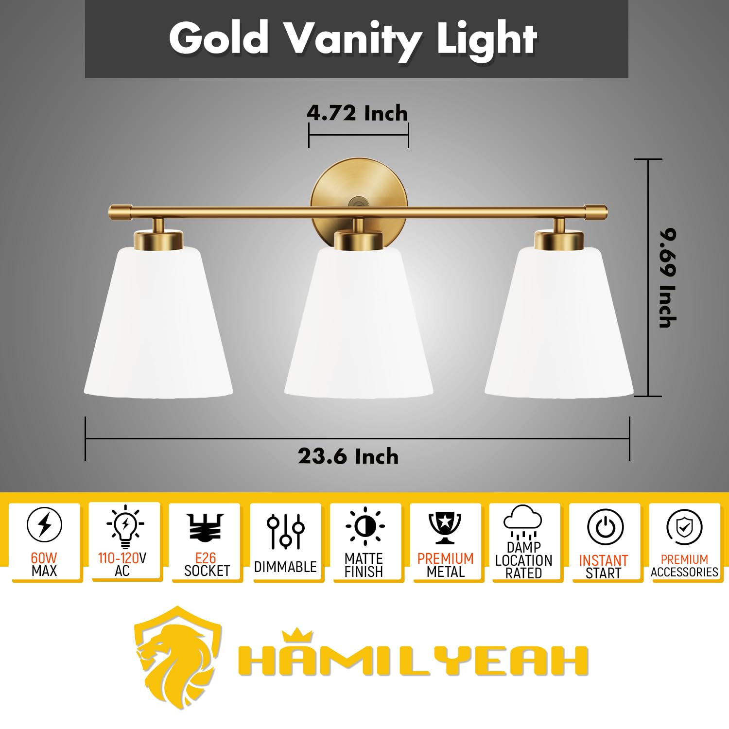 Hamilyeah Gold 3-Light Bathroom Vanity Light With Frosted Glass - Industrial Lighting Fixture