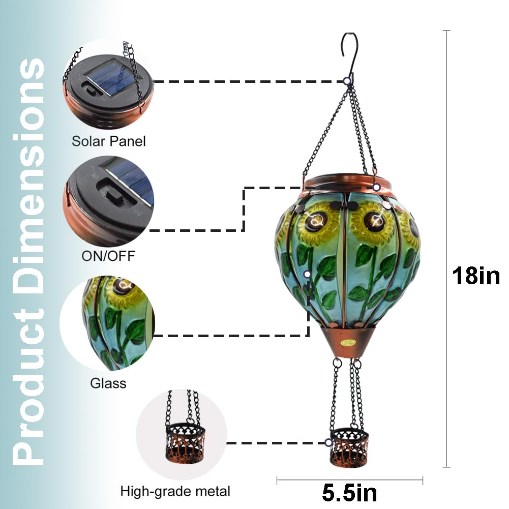 teyigarden Hot Air Balloon Solar Lantern, 18in H, Glass, Waterproof, Sunflower, Model SL-6069082027