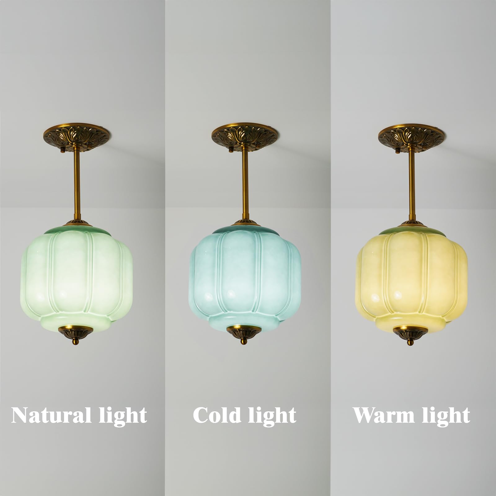 Ckensu Milk Glass Ceiling Light Fixture - Antique Brass Semi Flush Mount Pendant Light For Kitchen, Hallway, And Bedroom (Green,