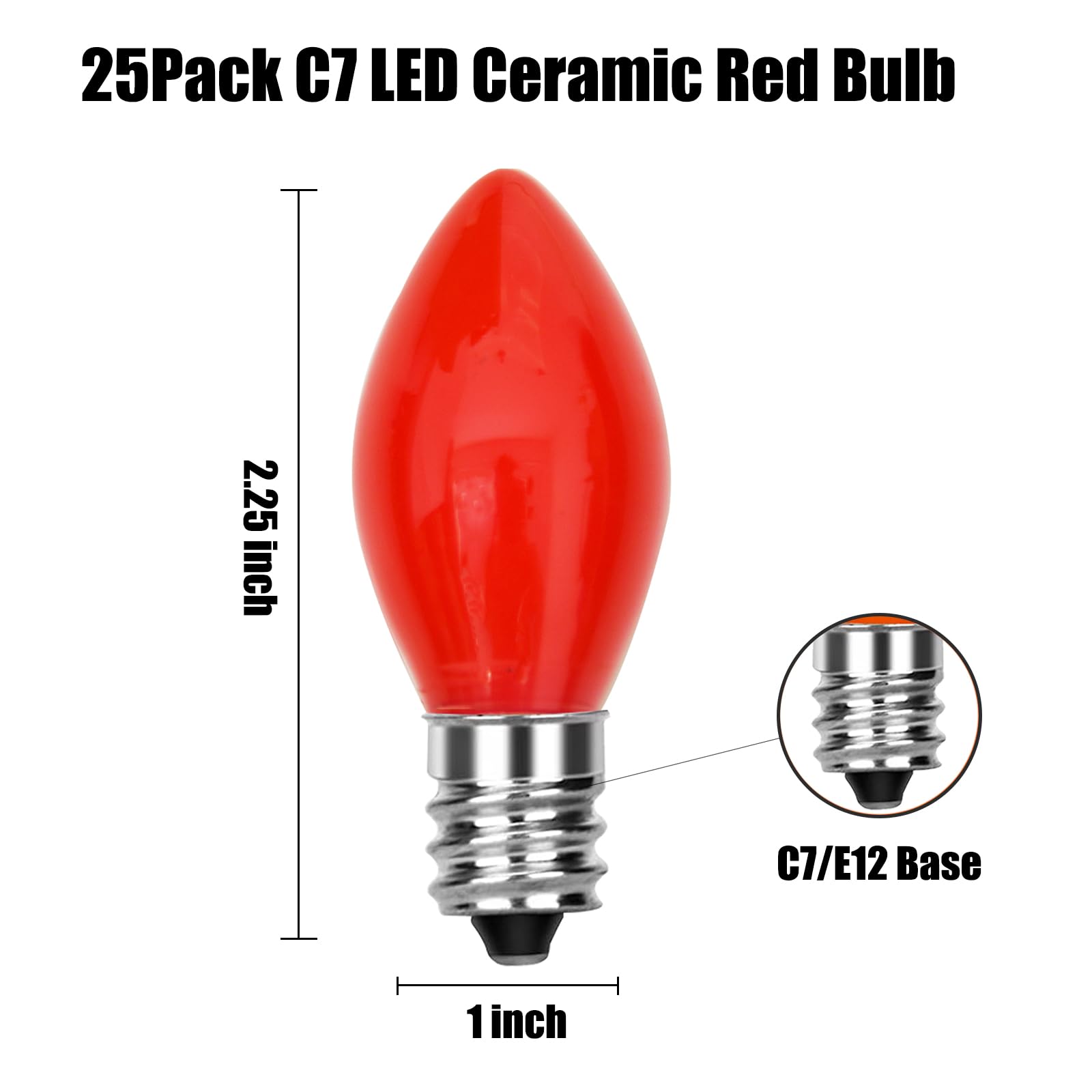 25Pk C7 Led Christmas Replacement Light Bulb, Opaque Red Vintage Bulbs For Outdoor Patio Indoor Party String Light, 0.6W Led Nig