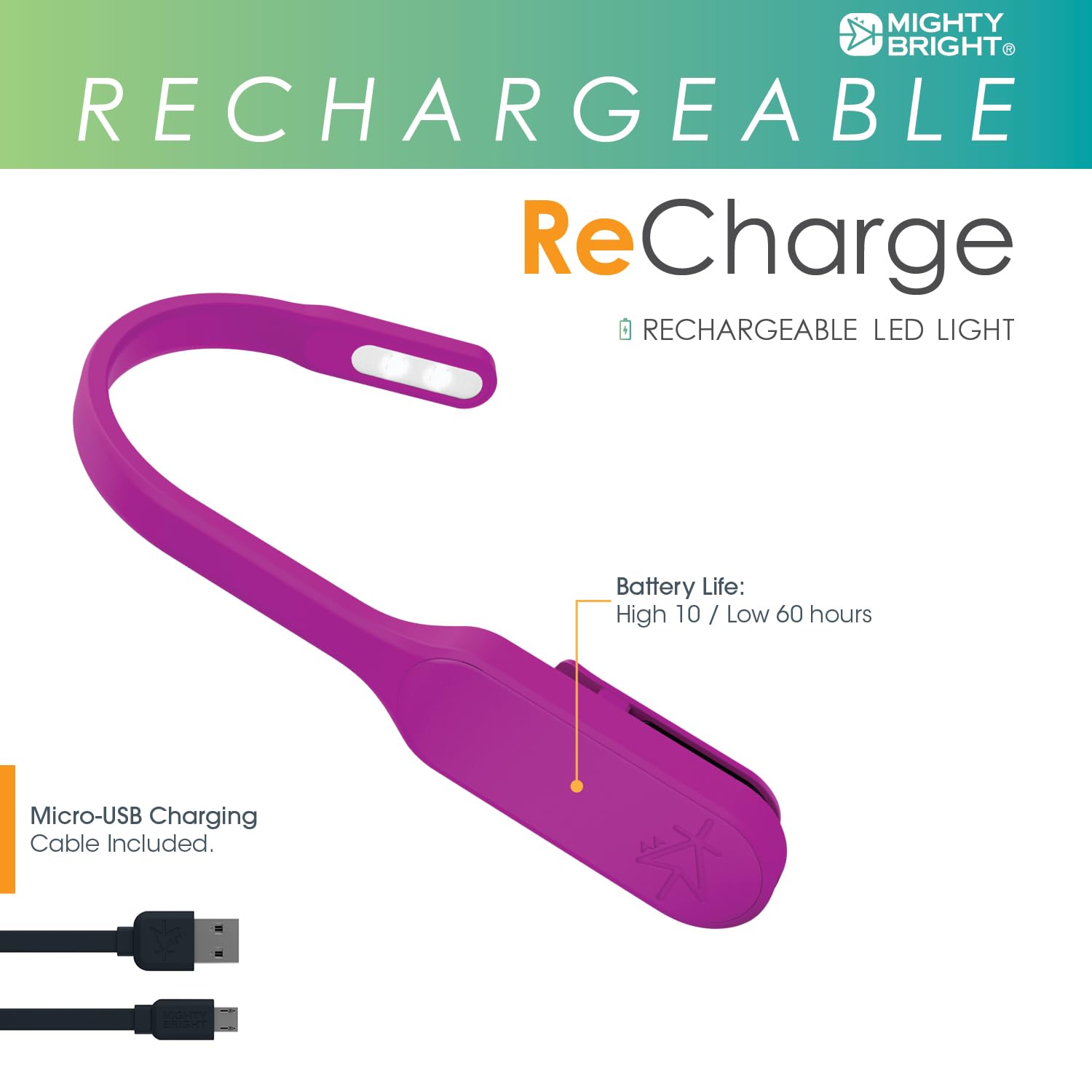 Mighty Bright Rechargeable Book Light - Warm Eye Care LEDs, Flexible, Dimmable, Purple, Model 47013, Perfect for Kids & Bookworms
