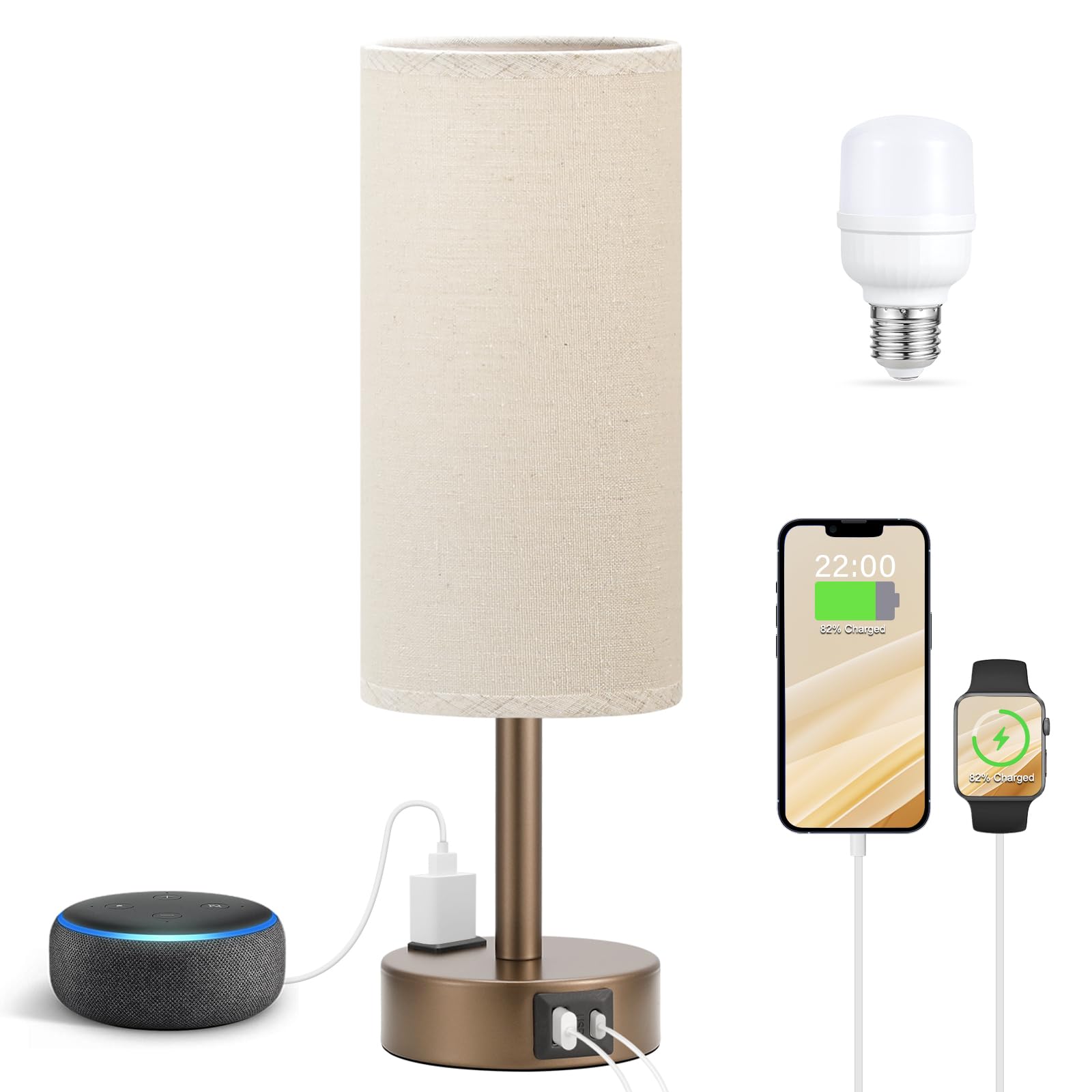 Fenmzee Brown Bedside Table Lamp for Bedroom - 3 Way Dimmable Touch Lamp USB C Charging Ports and AC Outlet, Small Lamp Round Fl