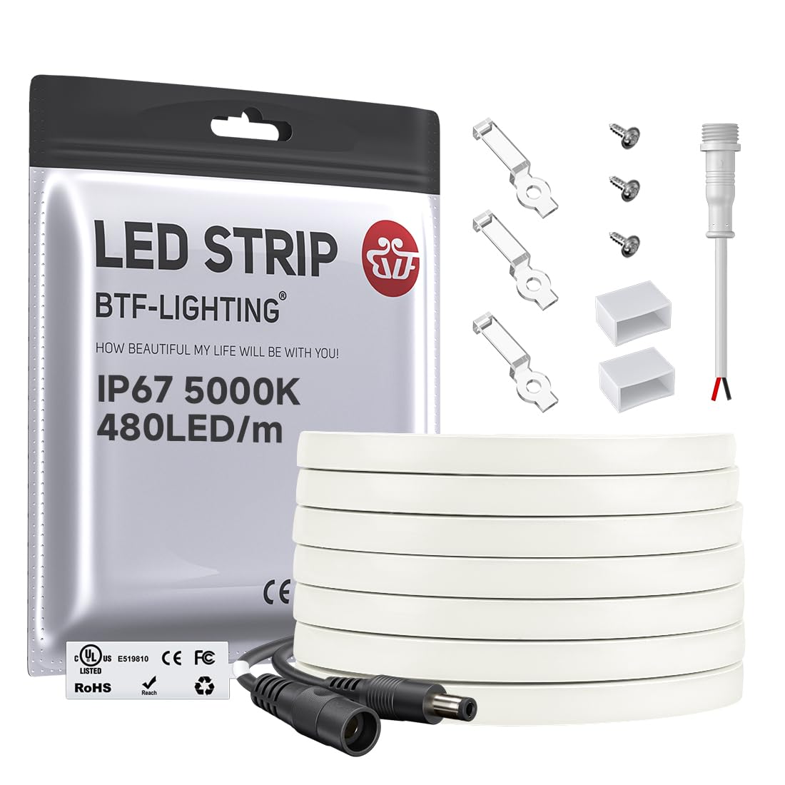 BTF-LIGHTING FCOB COB LED Band Flexible High Density Uniform Light 9W/m 16.4FT DC24V Daylight White 5000K 480LEDs/m CRI 90+ 8mm IP67 Waterproof Width Dimmable LED Ribbon(No Adapter or Controller)