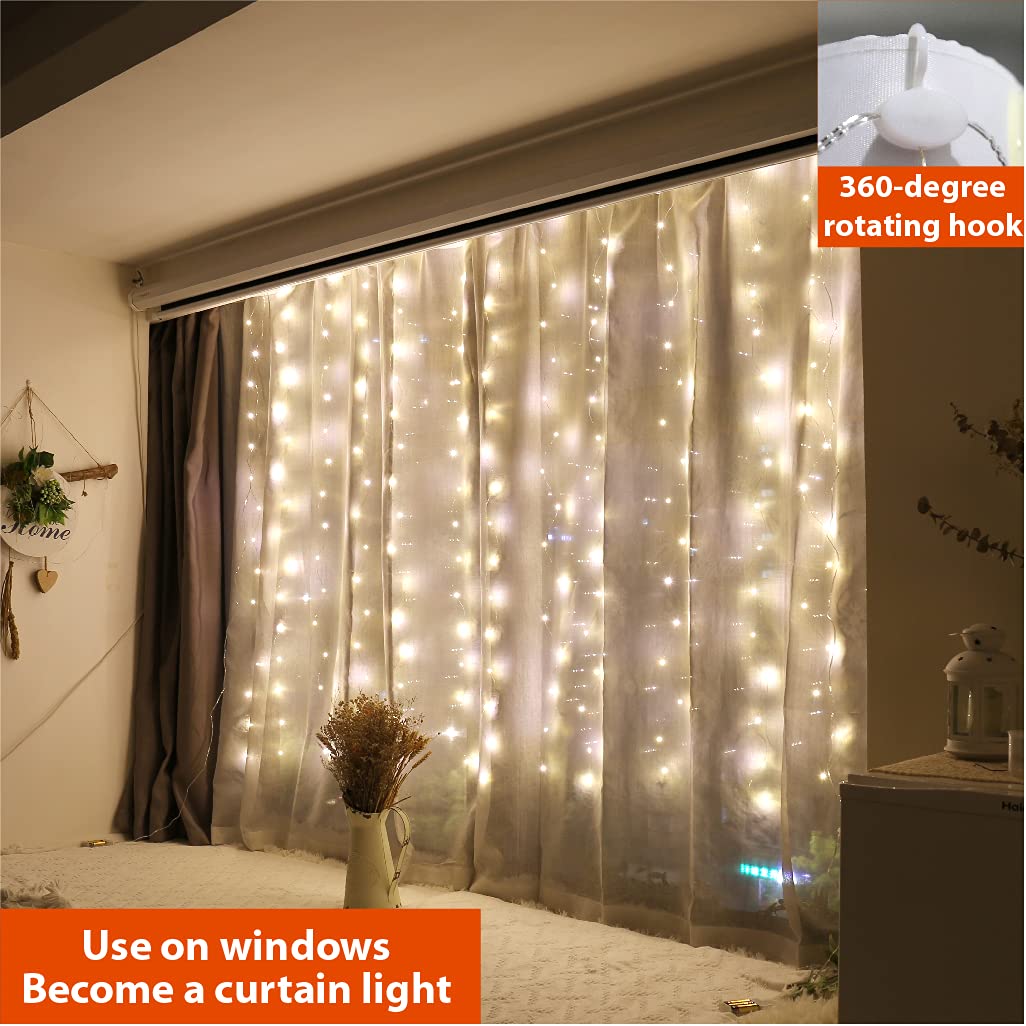 ZSJWL Short Curtain Lights, 96 LED Warm White, 3.3×5ft, Copper Wire, Remote Control, 8 Modes, Photo Clips for Bedroom & Party