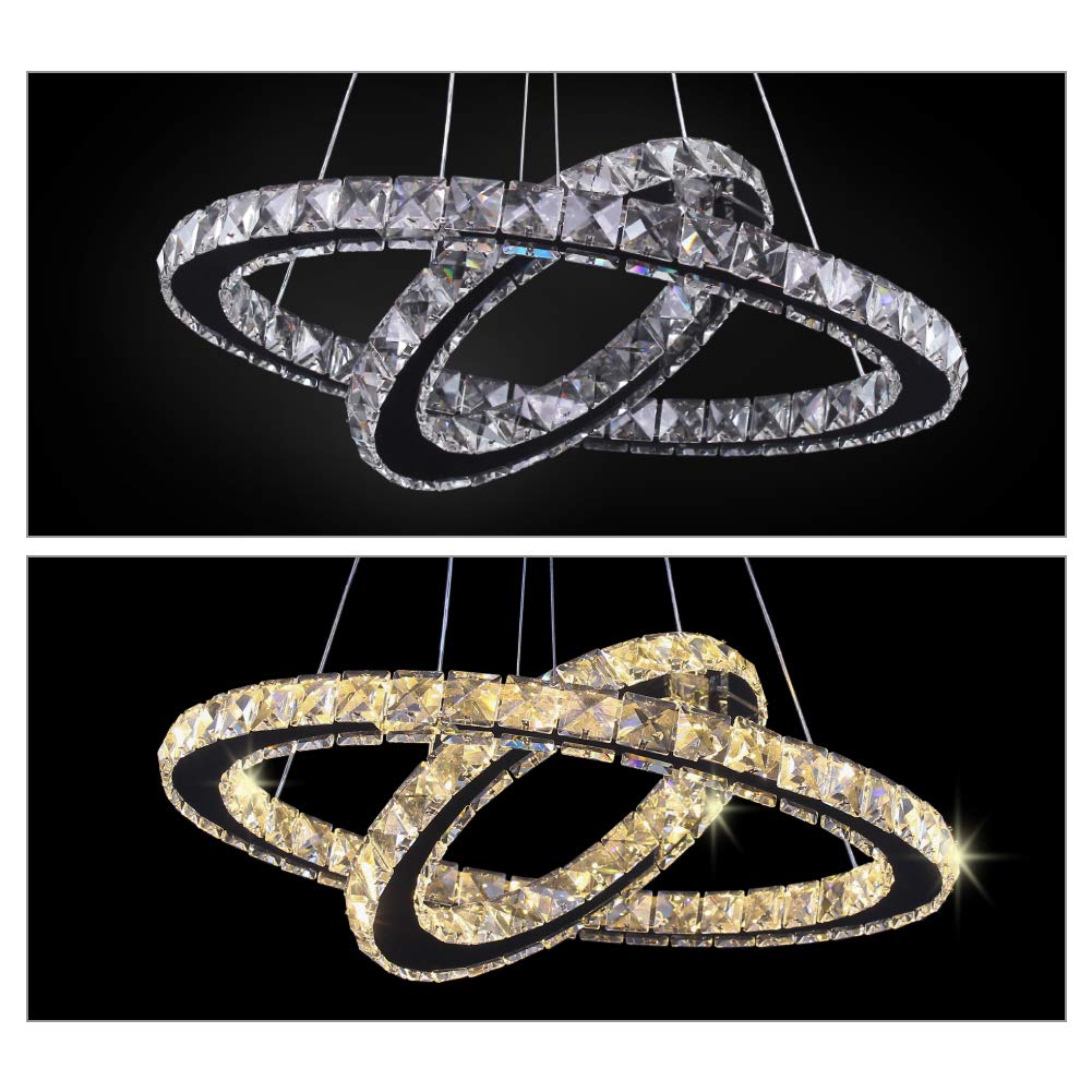 Led Chandelier Modern Contemporary 2 Rings Pendant Light Adjustable Stainless Steel Crystal Ceiling Lighting Fixture For Bedroom