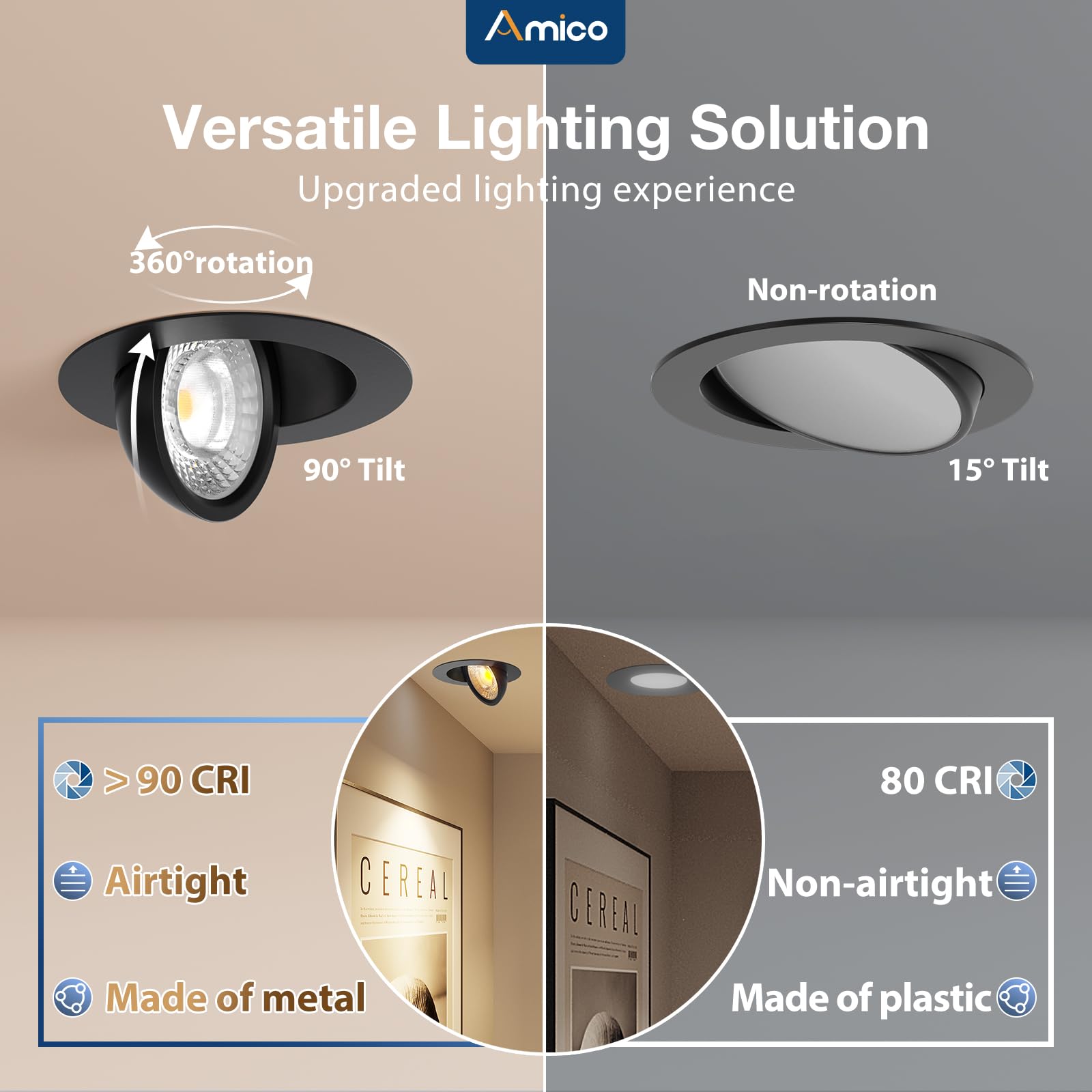 Amico 12 Pack 4 Inch Black Gimbal LED Recessed Lighting, Dimmable 5CCT, 700LM, CRI90+, Model 4EJCT09GR