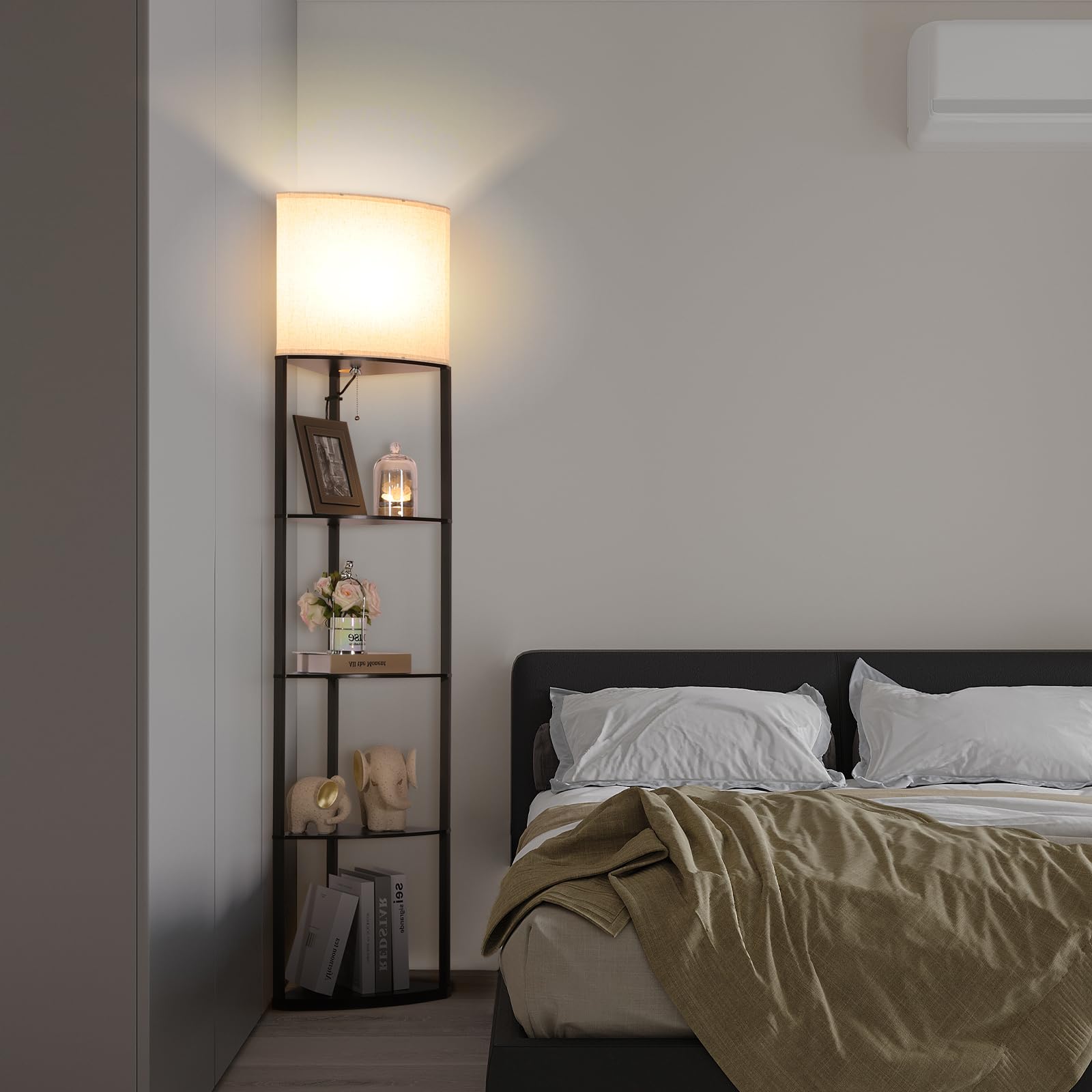 Gupuzm Floor Lamp With Shelves, Sector Corner Shelf Lamp With 3 Color Temperature Bulb, With Linen Lampshade Bookshelf Corner Di