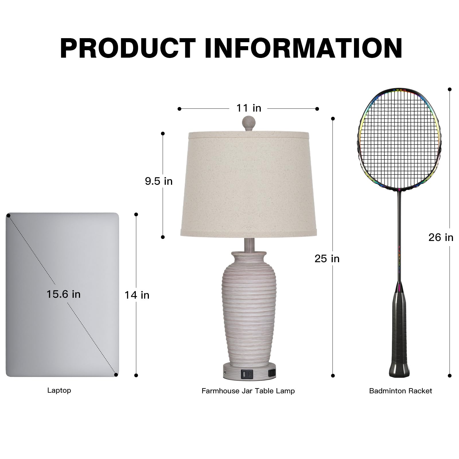 Cinsary 25 Farmhouse Jar Table Lamps, 3 Way Touch Control Rustic Bedside Lamps With Usb A+C Ports & Ac Outlet, Pot Nightstand La