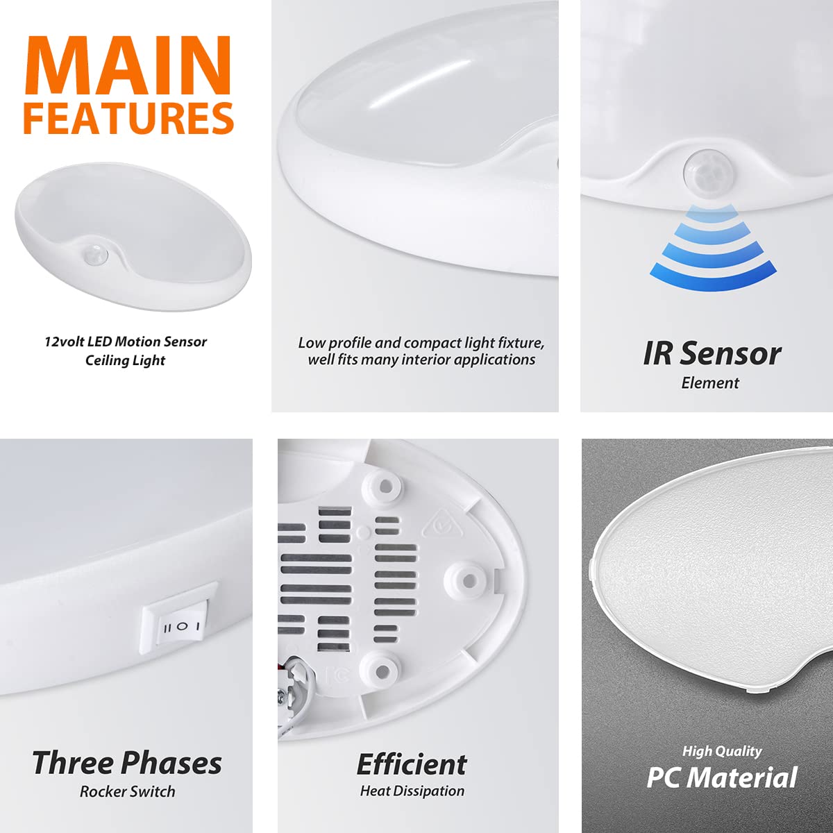 Dream Lighting 12V DC LED Pancake Light with Motion Sensor, 300 Lumens, White Shell, Model 5864295590 for RV/Caravan Ceiling