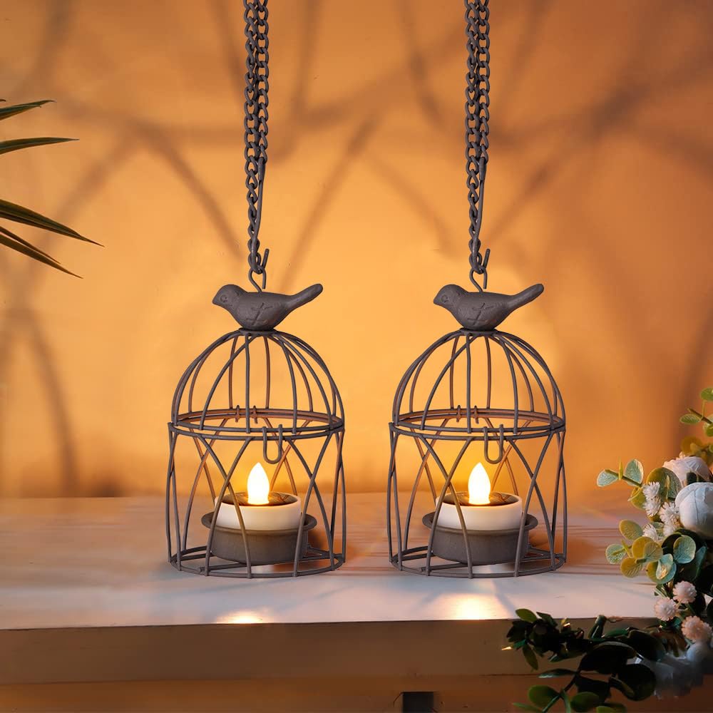 Solar Lanterns Outdoor Waterproof, Rust Iron Cage Candle Holder With Flickering Solar Powered Tea Lights, Hanging Solar Lights F