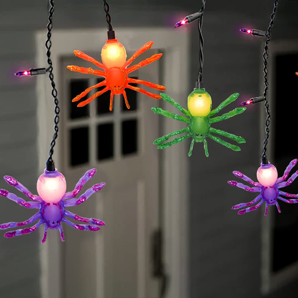 Pallerina Halloween Spider Decorative Lights, Halloween Spider String Lights with 10 Spider Decoration and 15 Purple Mini Lights, Halloween Porch string Lights for Haunted House, Halloween, Masquerade