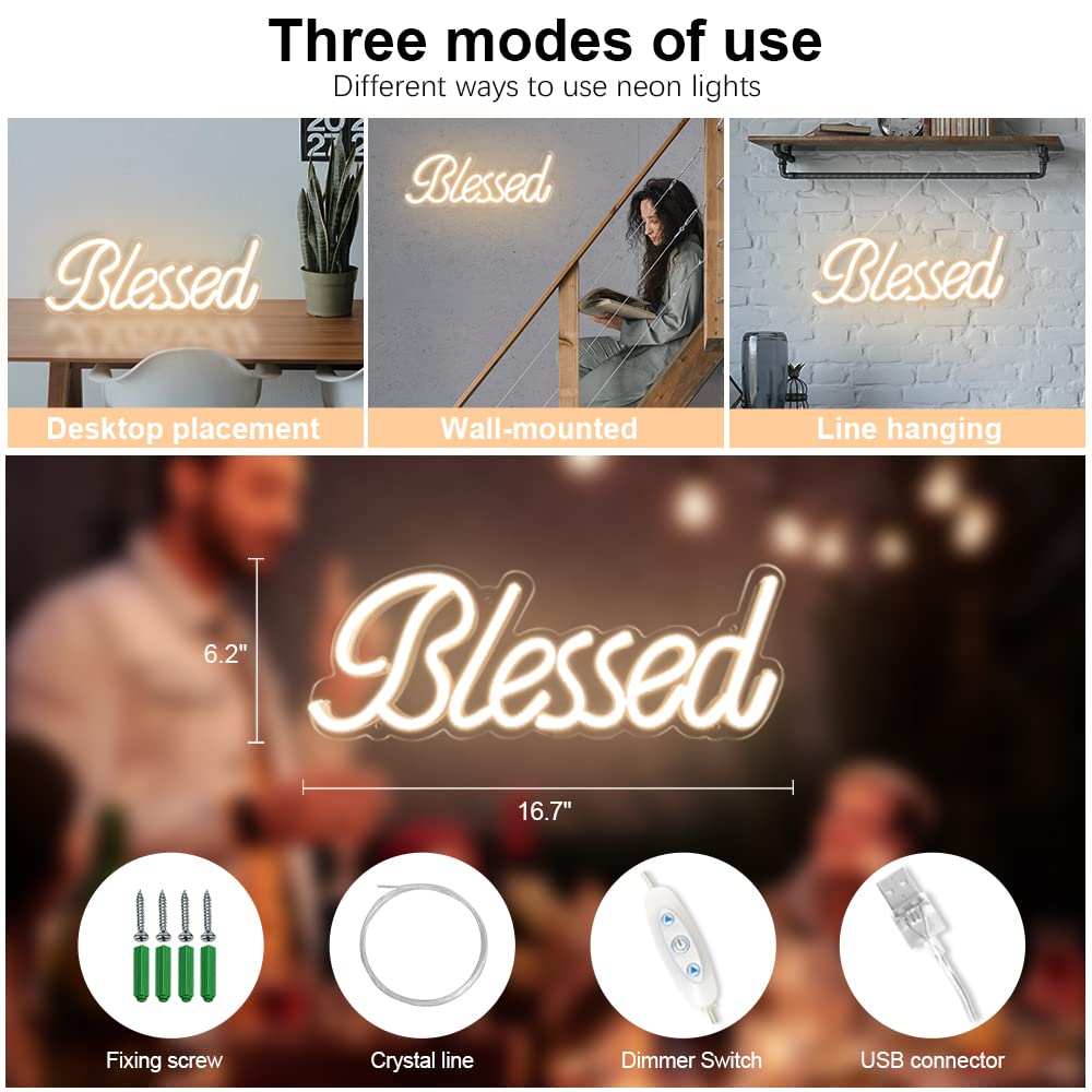 Colysor Blessed Neon Sign, LED Wall Decor, 17x7 inches, Warm White, 5V USB Powered, Model CL-002