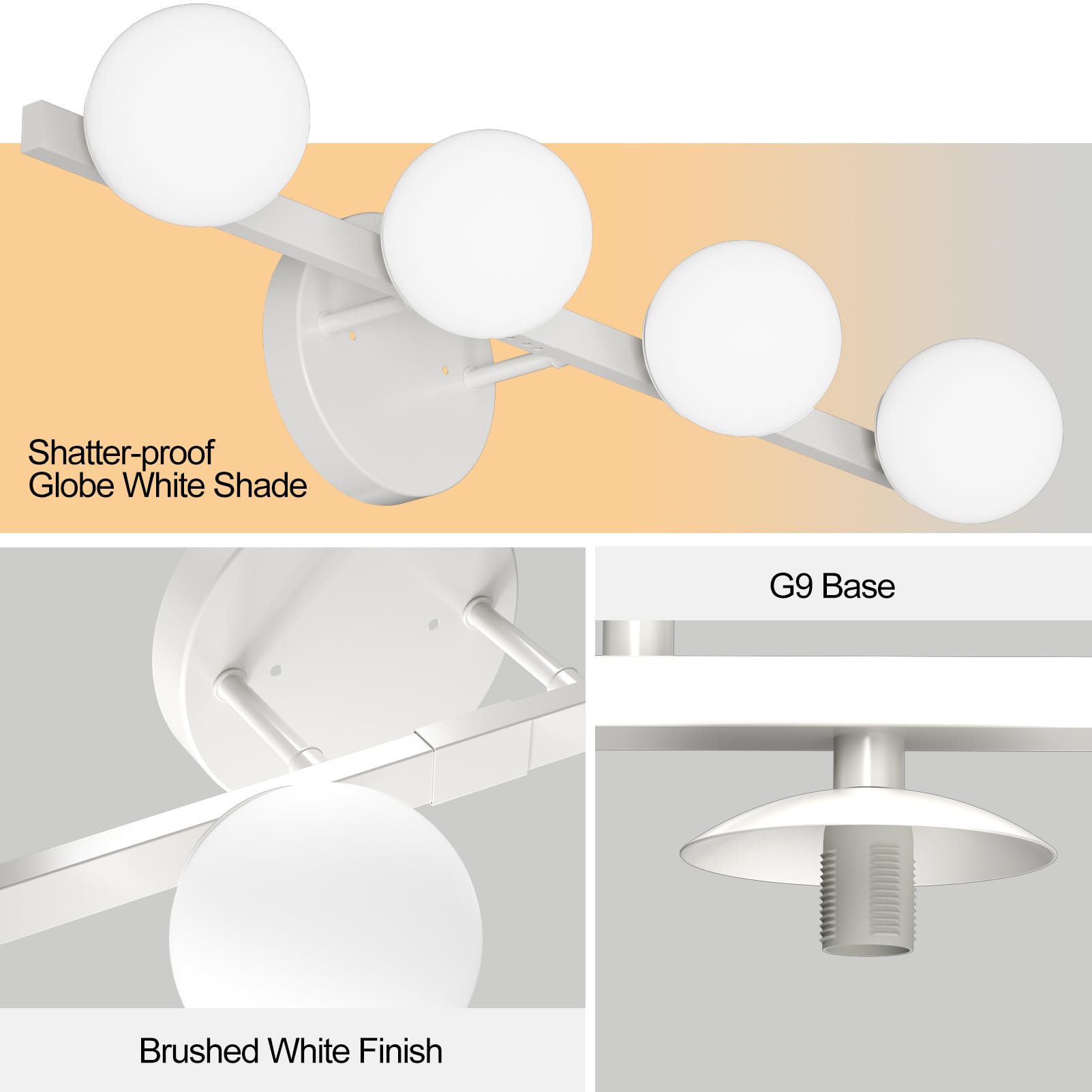 Lightdot 4-Light Bathroom Vanity Light, 26in Modern Globe White, Rust-Proof Metal Fixtures for Mirror, Kitchen, Hallway, Porch
