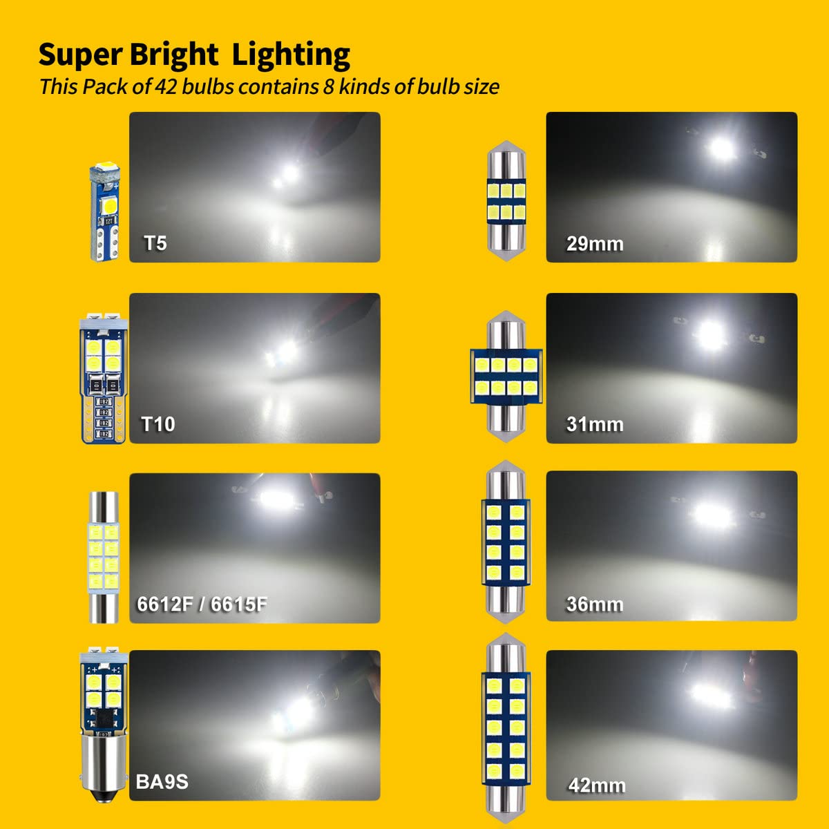 Ebaifun 42-Pack White 12V De3175 6418 6411 T10 2825 Ba9S 64111 T5 74 6612F 6615F 31Mm 36Mm 41Mm Led Bulb Kit For Car Truck Interior Map Dome Vanity Mirror Trunk Door Courtesy License Plate Light