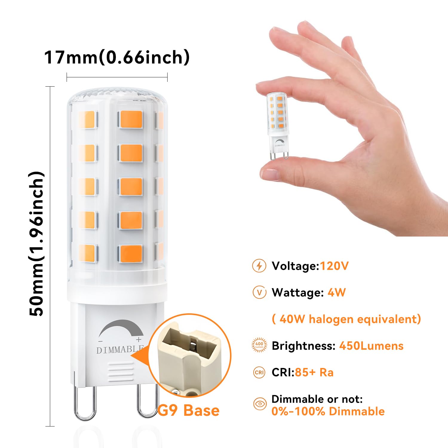 Tjoy Dimmable G9 Led Bulb 4W Equivalent 40 Watt, 2700K Soft Warm White, T4 G9 Bi-Pin Base Halogen Replacement, G 9 Socket Light