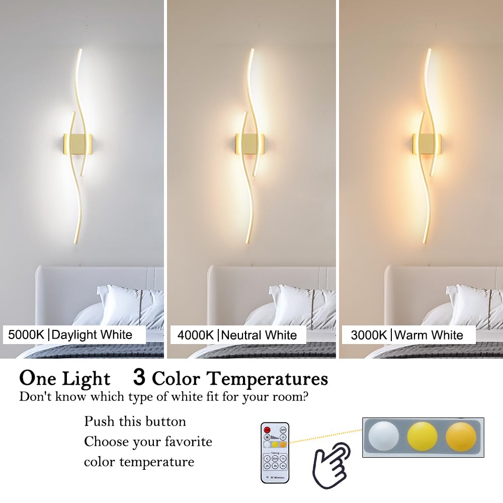Daunton Modern Wall Sconces Set of 2, Dimmable LED, Gold, 40.5in, Hardwired, Remote Control, Indoor Lighting for Living Room, Bedroom