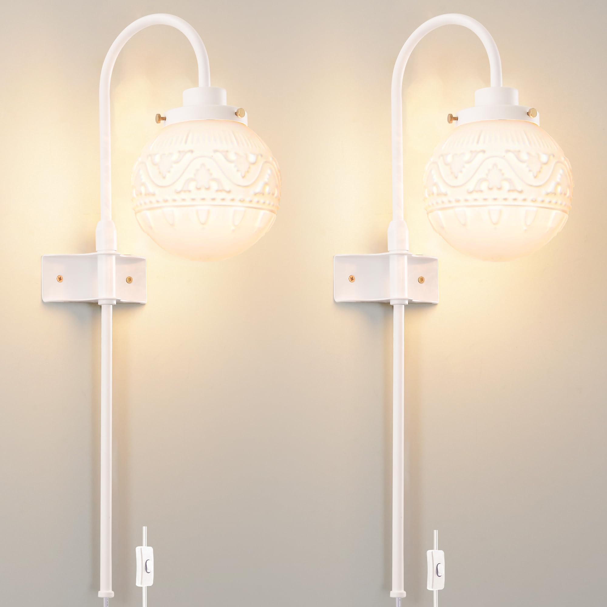 Daunton Vintage Plug in Wall Sconces Set of 2, Adjustable White Metal Sconces with Milky Globe Glass, Model 250109