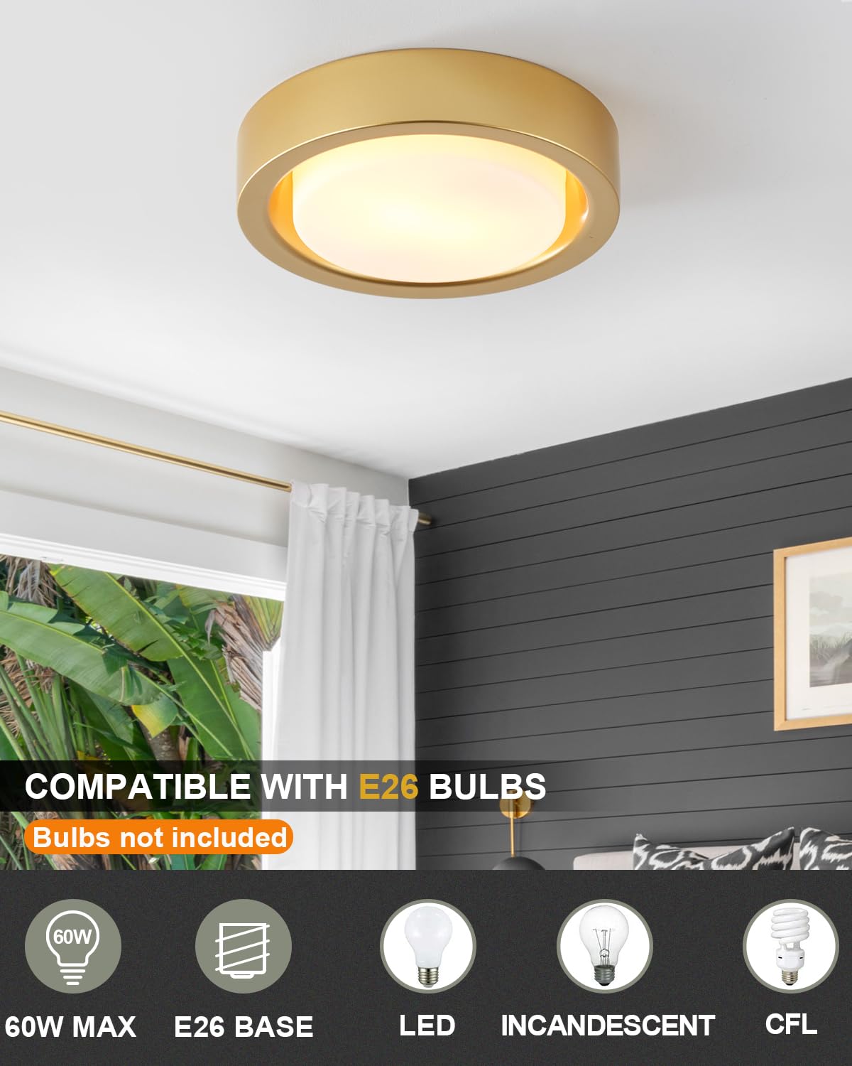 Miaomeio 13 Inch Flush Mount Ceiling Light Gold Finish Plate With Frosted Glass Shade Round Ceiling Lighting Fixture For Hallway Bedroom Closet Livingroom Kitchen Stairwell (Gold)