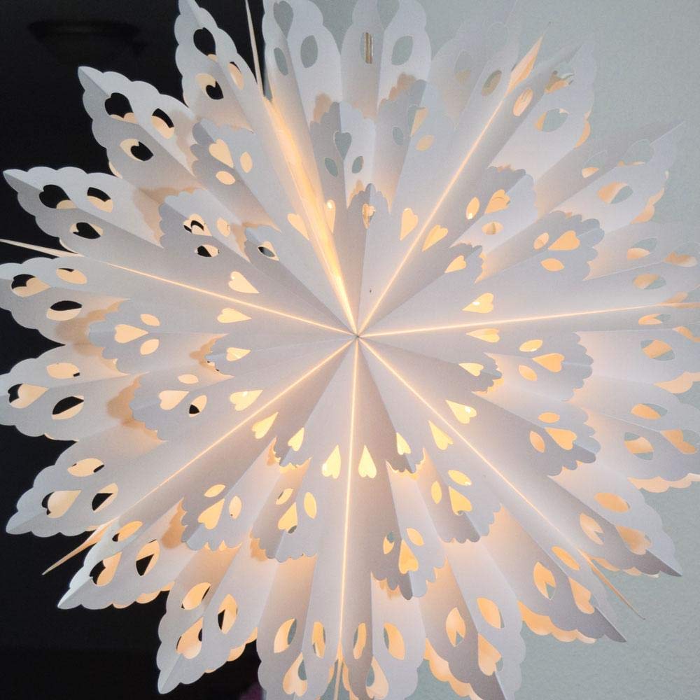Quasimoon 24 Inch Hanging Snowflake Paper Star Lantern, White Wreath Decoration - Ideal for Holidays and Weddings