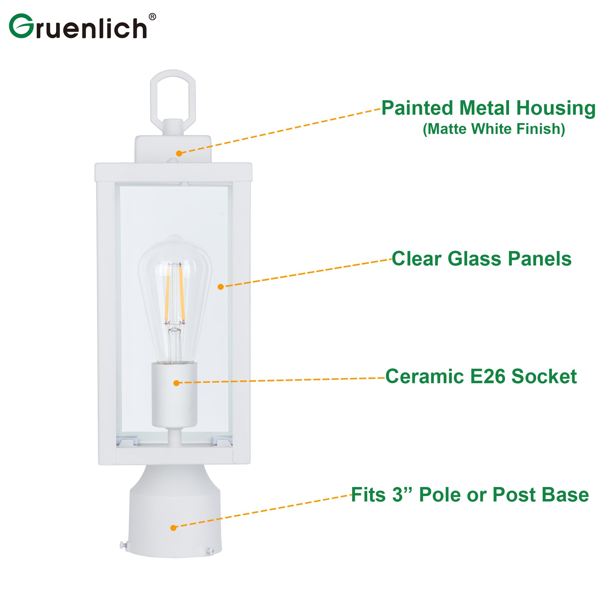 GRUENLICH Outdoor Post Lighting Fixture Pole Lantern, E26 Medium Base Max 60W, Metal Housing Plus Glass, Matte White Finish, Bul