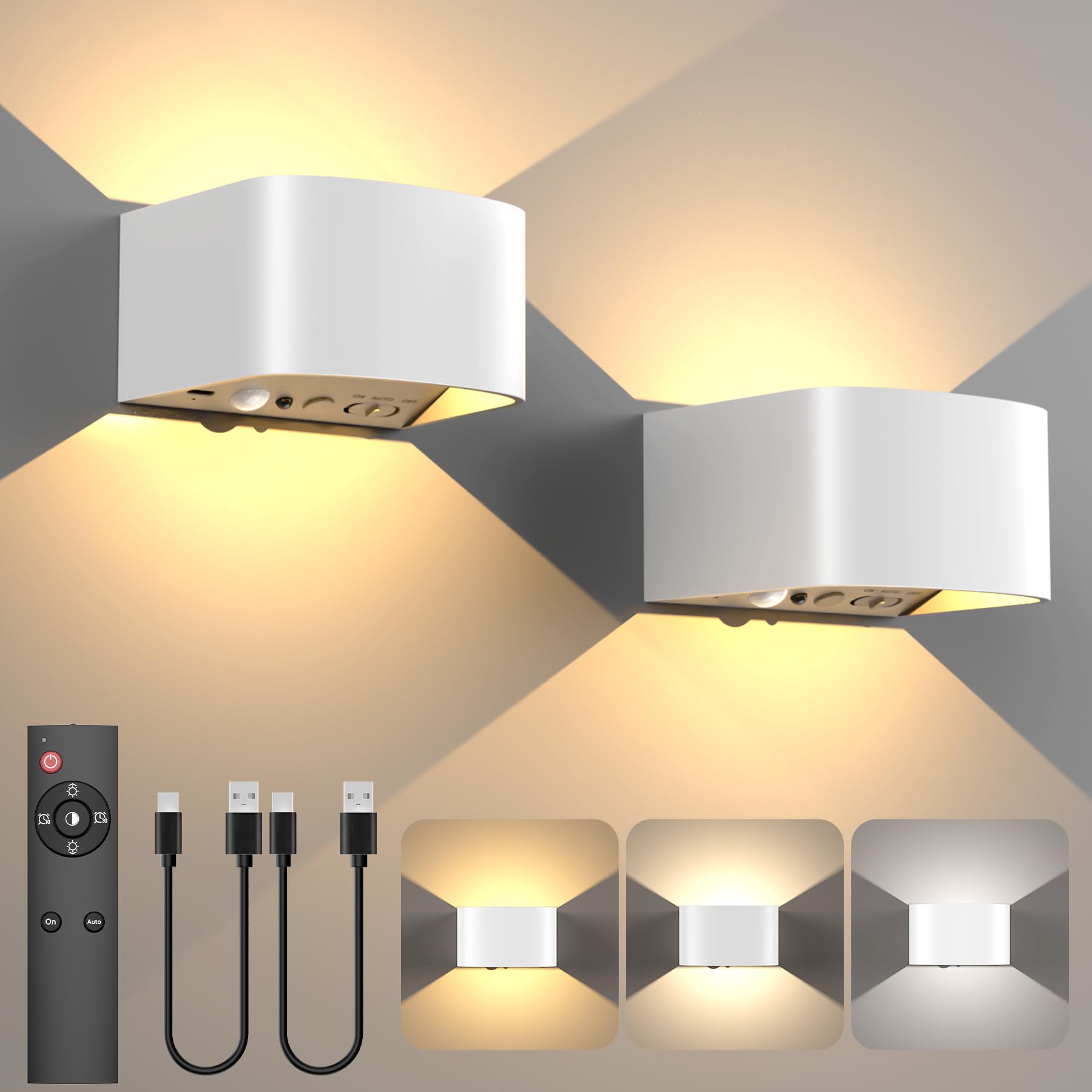 TOBITAI Wall Light Motion Sensor, 2 Pack LED Sconces with Remote, 3 Colors Brightness, Rechargeable Battery, White, Model WL04