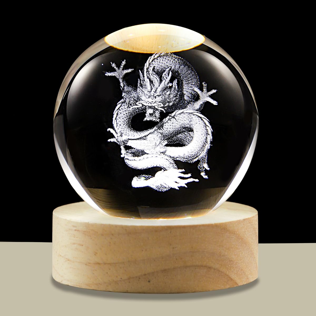 Hochance 3D Dragon Crystal Ball Lamp With Adjustable Brightness Led Wooden Base Night Light For Kids Teens mature-themeds Birthday Gift Home Desk Office Bedroom Decor (6Cm / 2.4 )