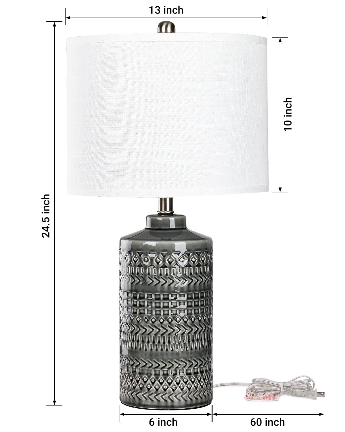 JUNNAI 24.5 Gray Ceramic Table Lamp - 3-Way Dimmable Nightstand Lamp with White Shade for Living Room, Bedroom, Office Decor (Bulb Included)
