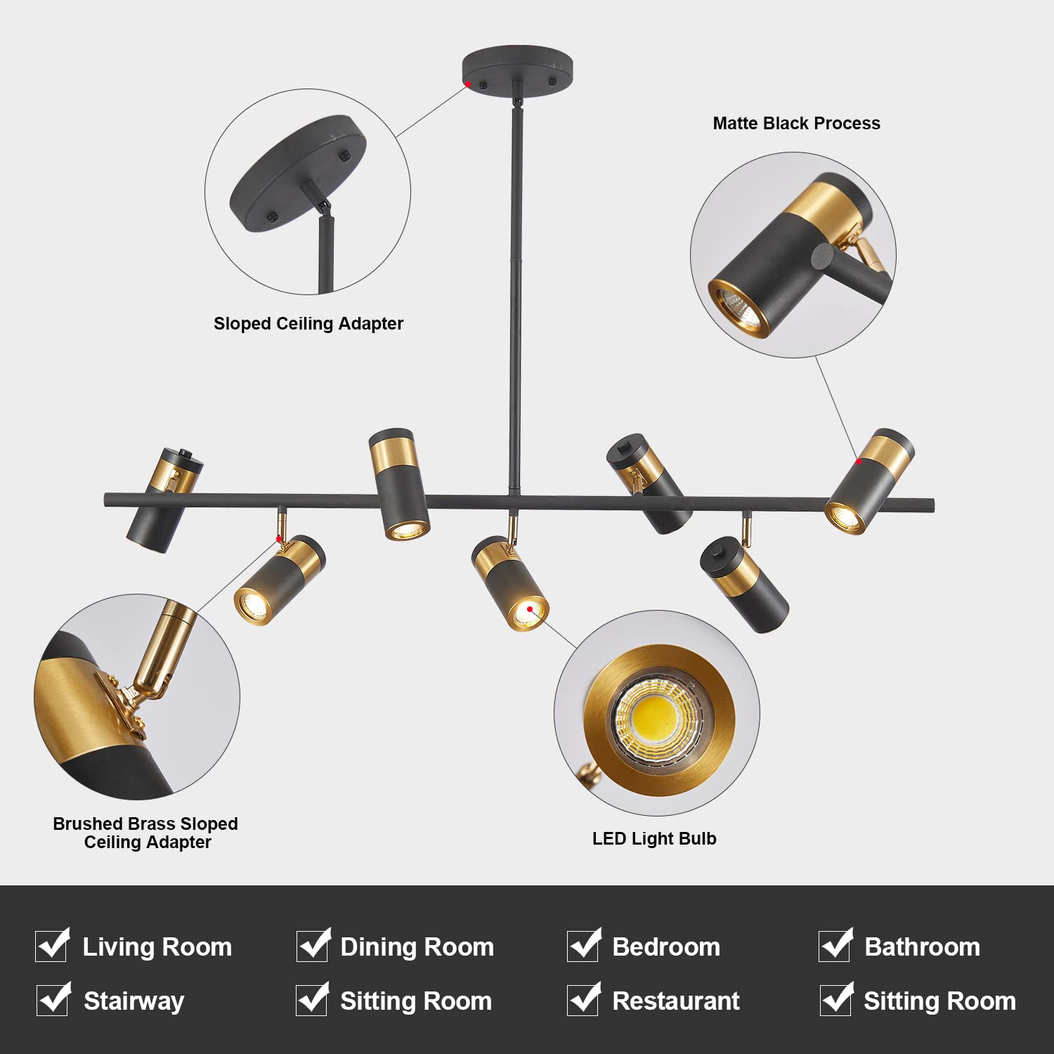 Kco Lighting Black And Gold 7-Light Hanging Track Lighting Modern Kitchen Island Pendant Track Lighting Fixtures Mid Century Cei