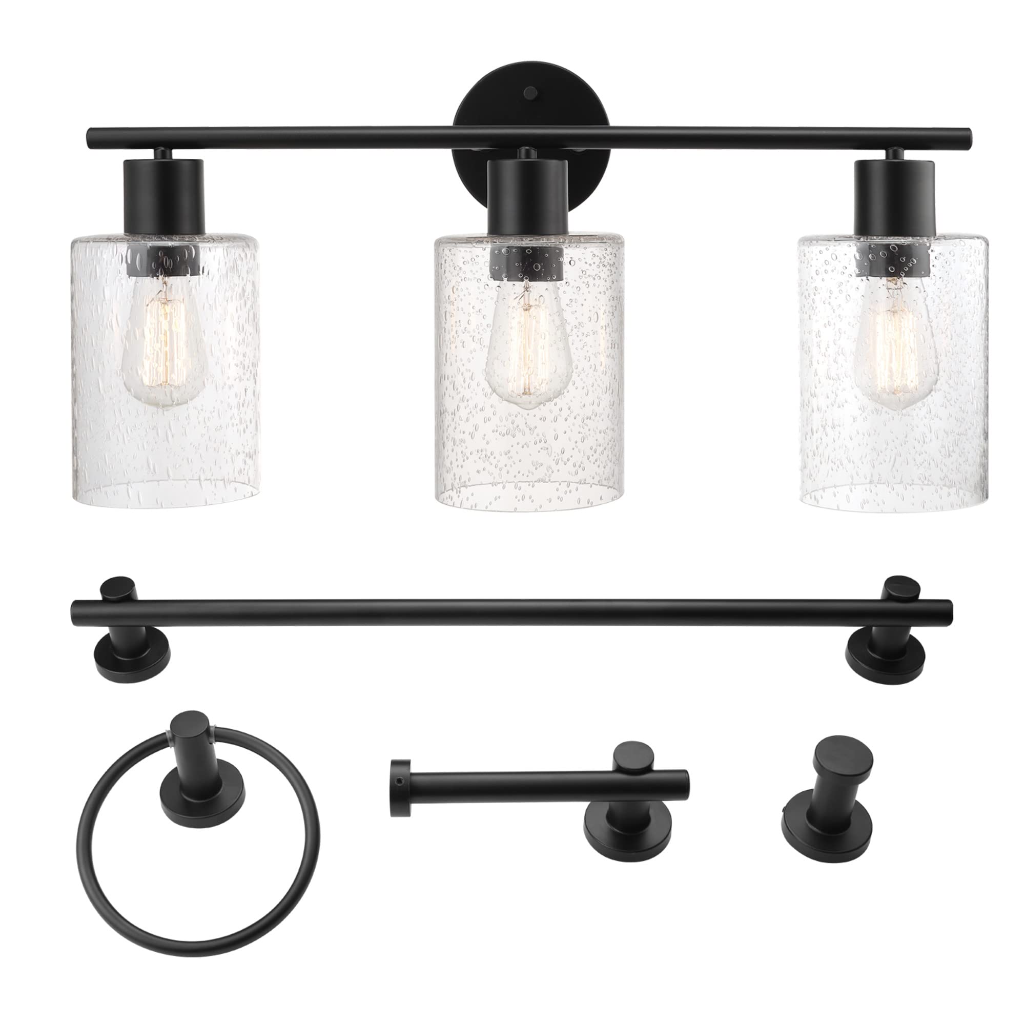 Globe Electric 51851 Bristol 5-Piece All-In-One Bathroom Set, Matte Black, 3-Light Vanity Light With Seeded Glass Shades, Towel