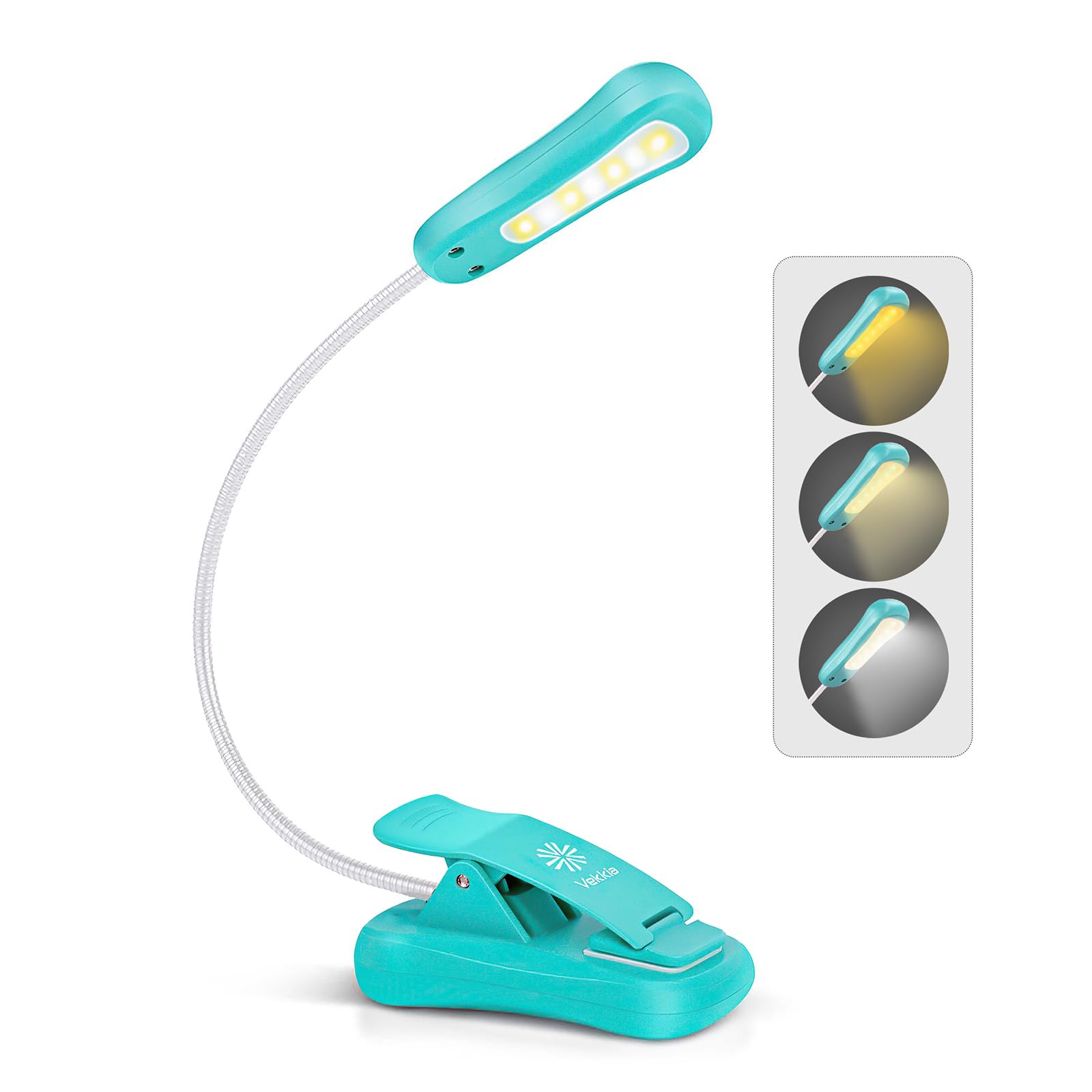 Vekkia Rechargeable Book Light, 3 Color & 3 Brightness Settings, 4.0 x 3.5 x 1.8 in, Plastic, Blue, Model BK-
