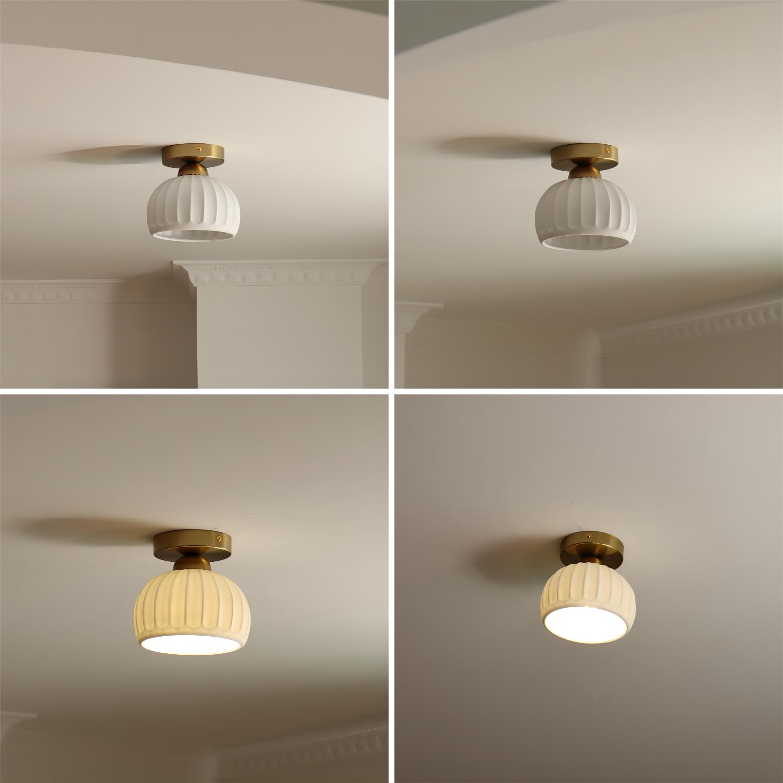 Ceramic Semi Flush Mount Ceiling Light Fixture, Wood Brass Base Hallway Ceiling Light Farmhouse Light, Close To Ceiling Light Fo