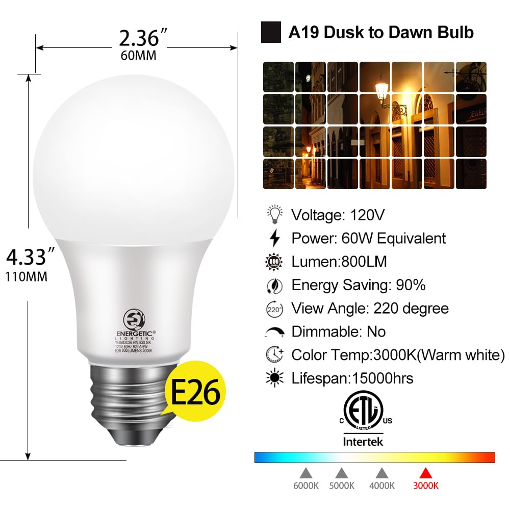 E ENERGETIC LIGHTING Dusk to Dawn LED Light Bulb, 60W Equivalent, 4-Pack, Warm White 3000K, E26 Base, ETL Listed