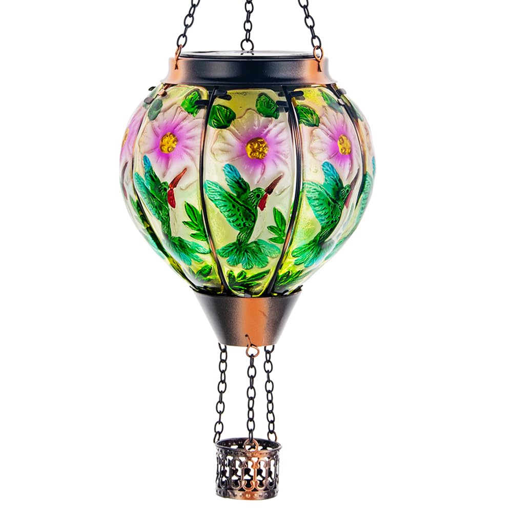 DREAMSOUL Hummingbird Hot Air Balloon Solar Lantern, Hanging Solar Lanterns Outdoor with Flickering Flame Light, Metal & Glass S