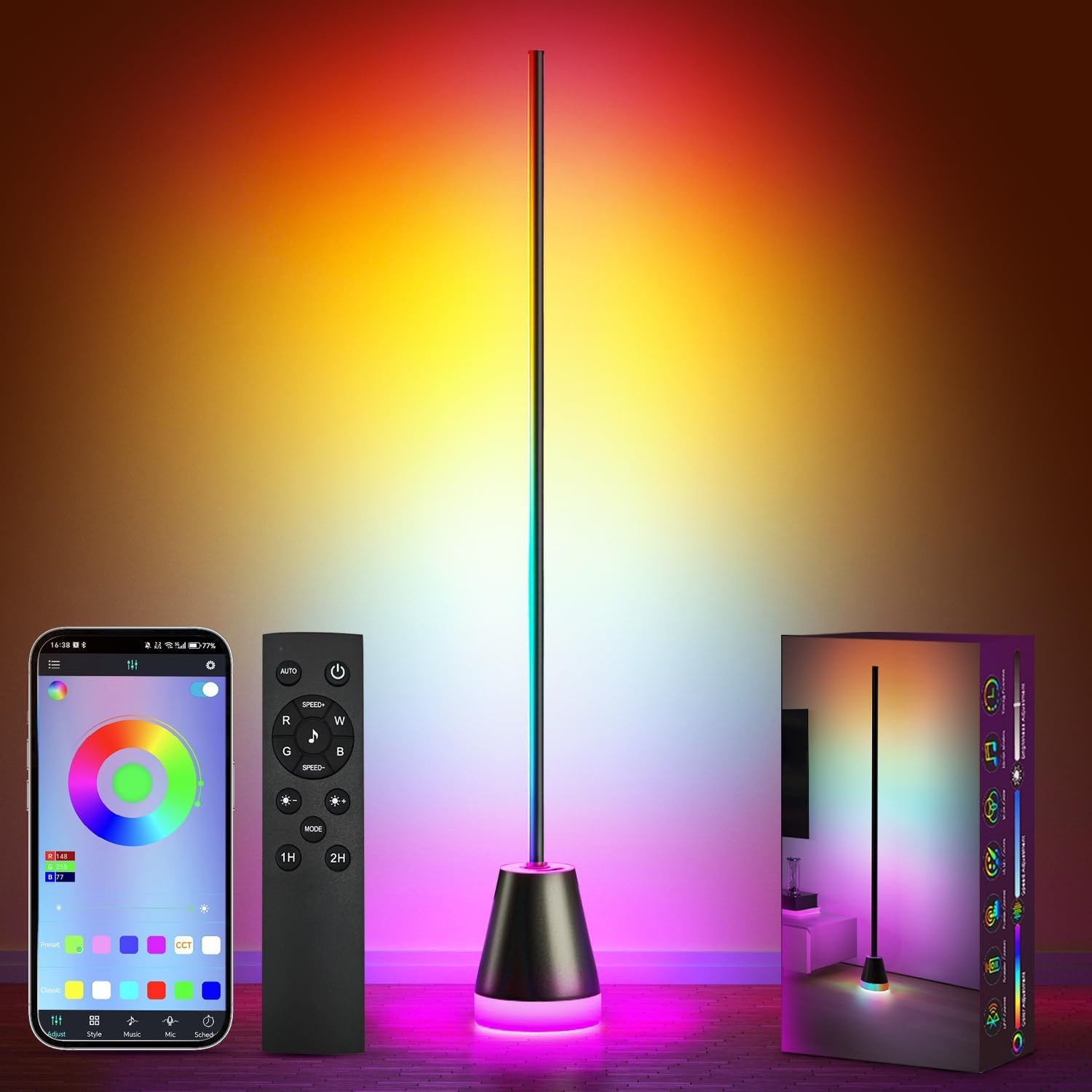 Keepsmile Smart RGB LED Corner Floor Lamp,172 LEDs Bright Standing Lamps for Living Room with APP and Remote,Modern Floor Lamp w