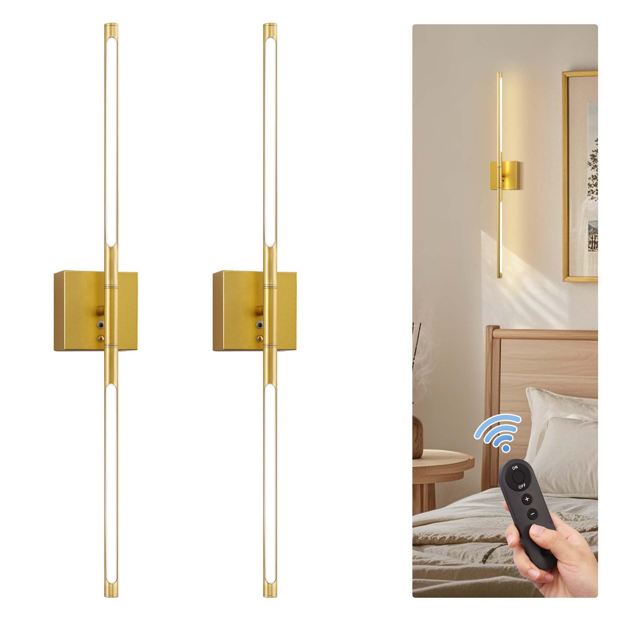 DORESshop Battery Operated Wall Sconces Set of 2, Dimmable, 29 Inch Gold Metal Lights with Remote Control